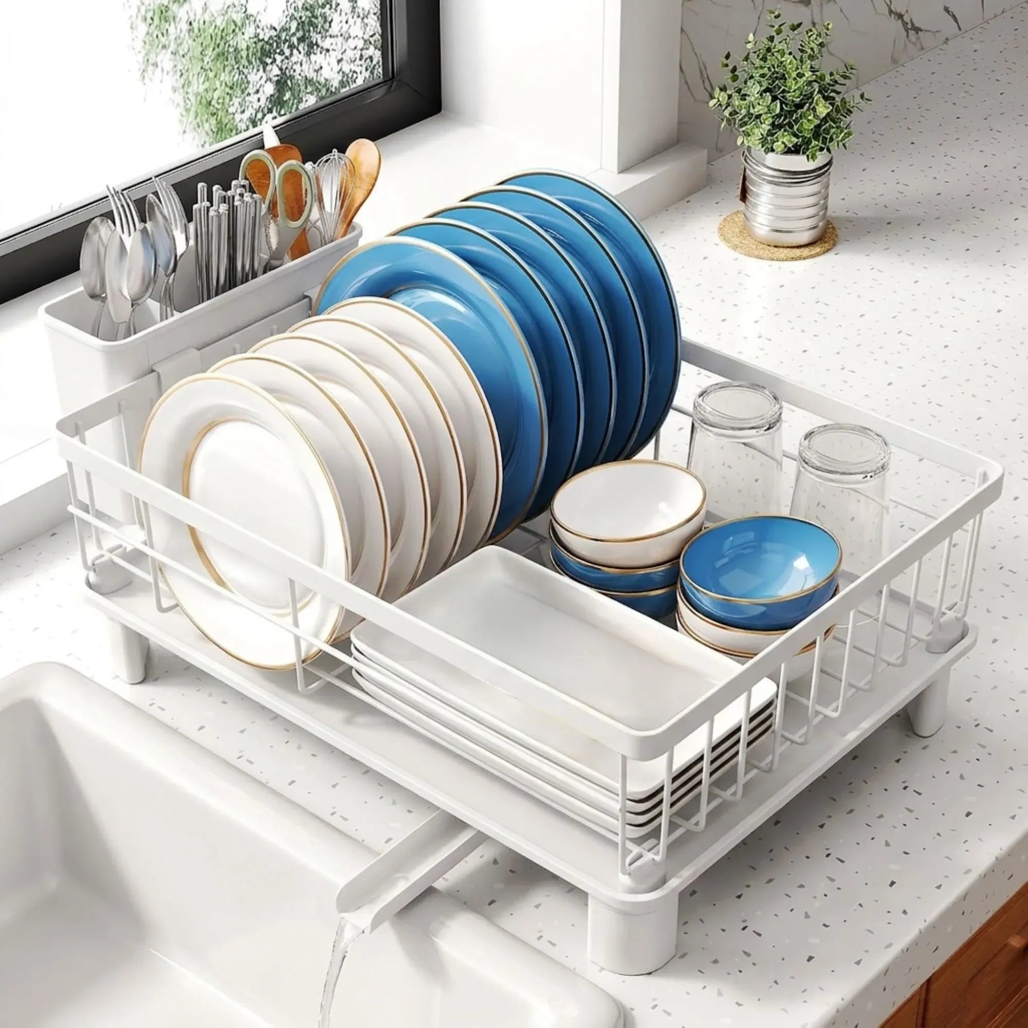 CARLA HOME Dish Drying Rack with Drainboard & Utensil Holder for Kitchen White