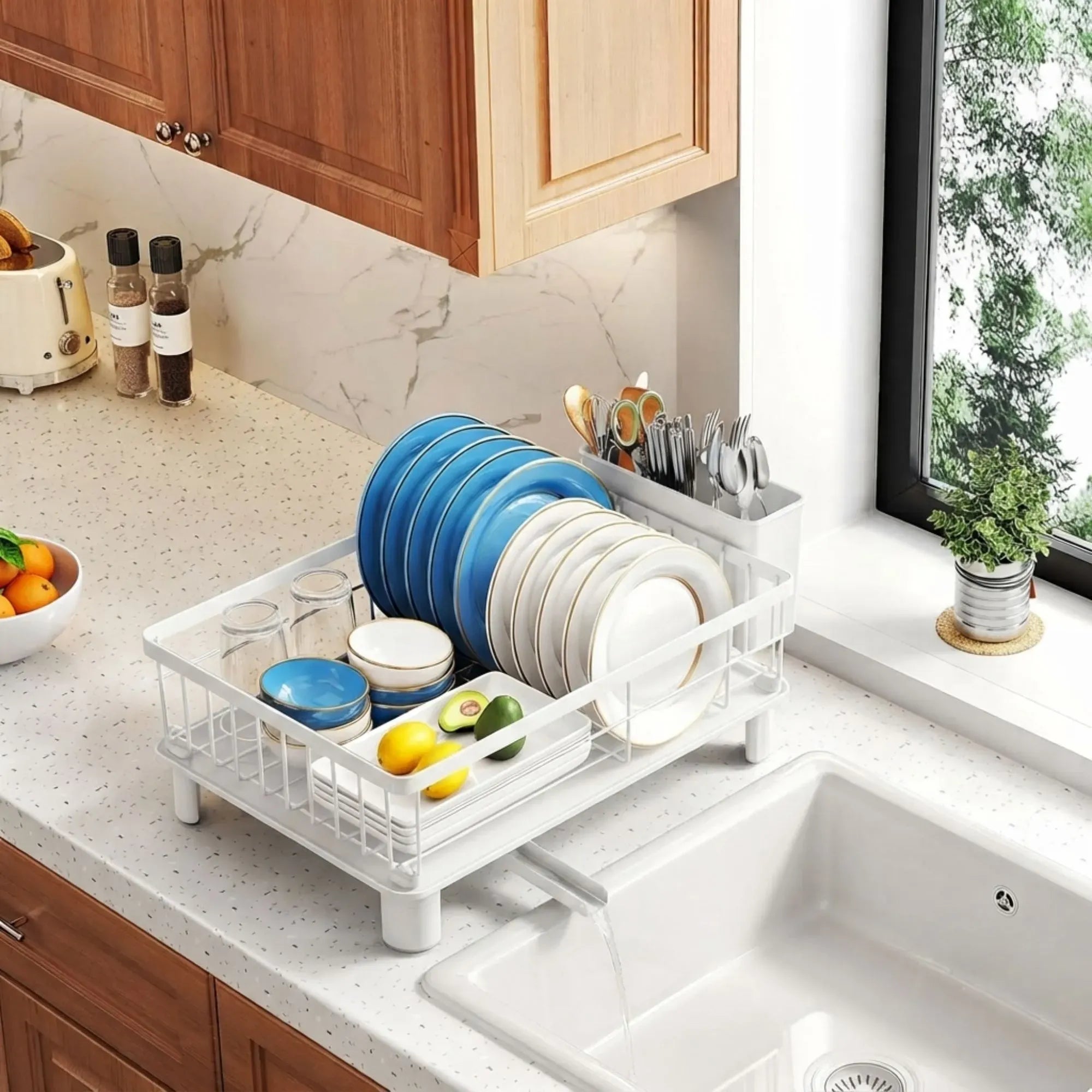 CARLA HOME Dish Drying Rack with Drainboard & Utensil Holder for Kitchen White