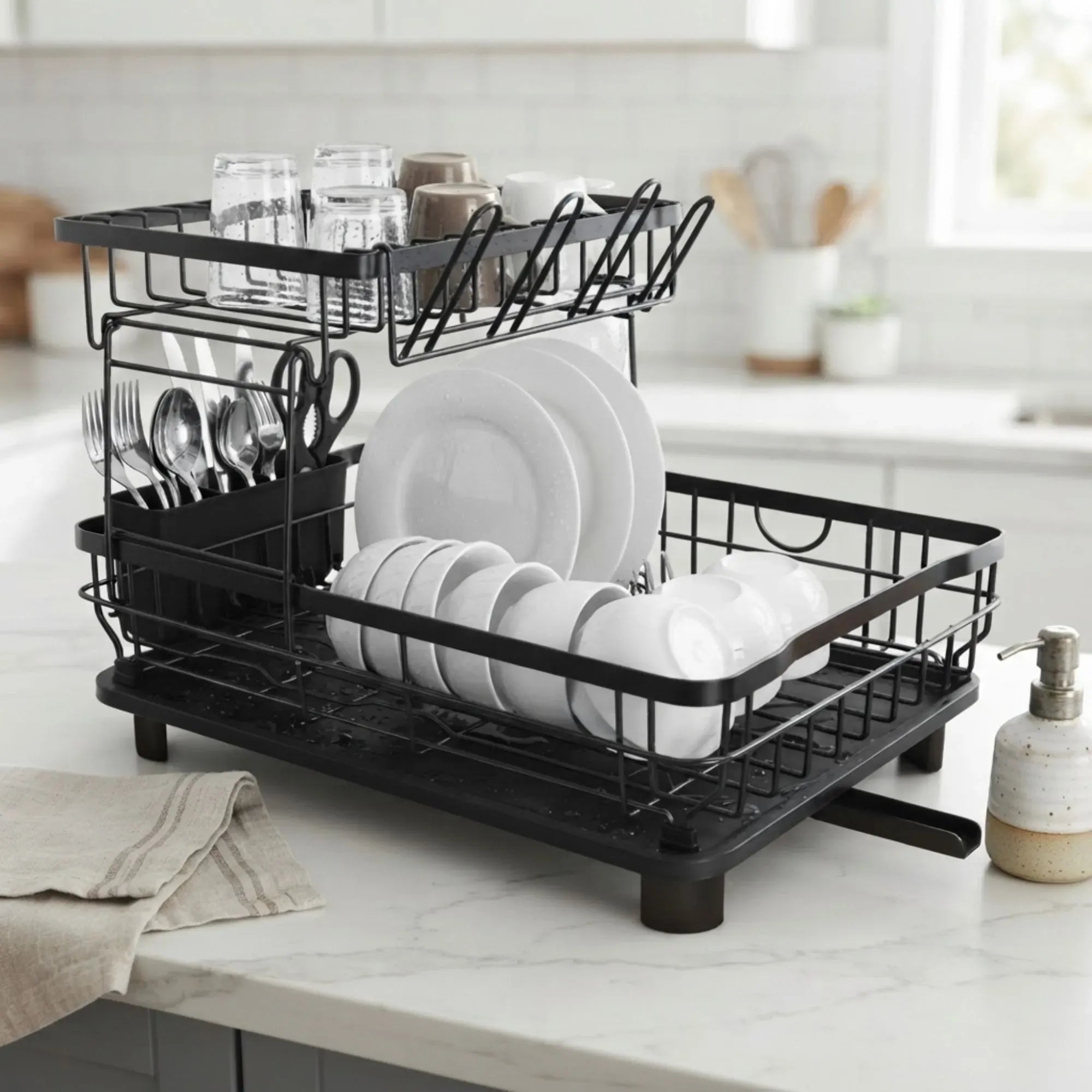 CARLA HOME 2 tier Dish Drying Rack with Drainboard & Utensil Holder for Kitchen Black