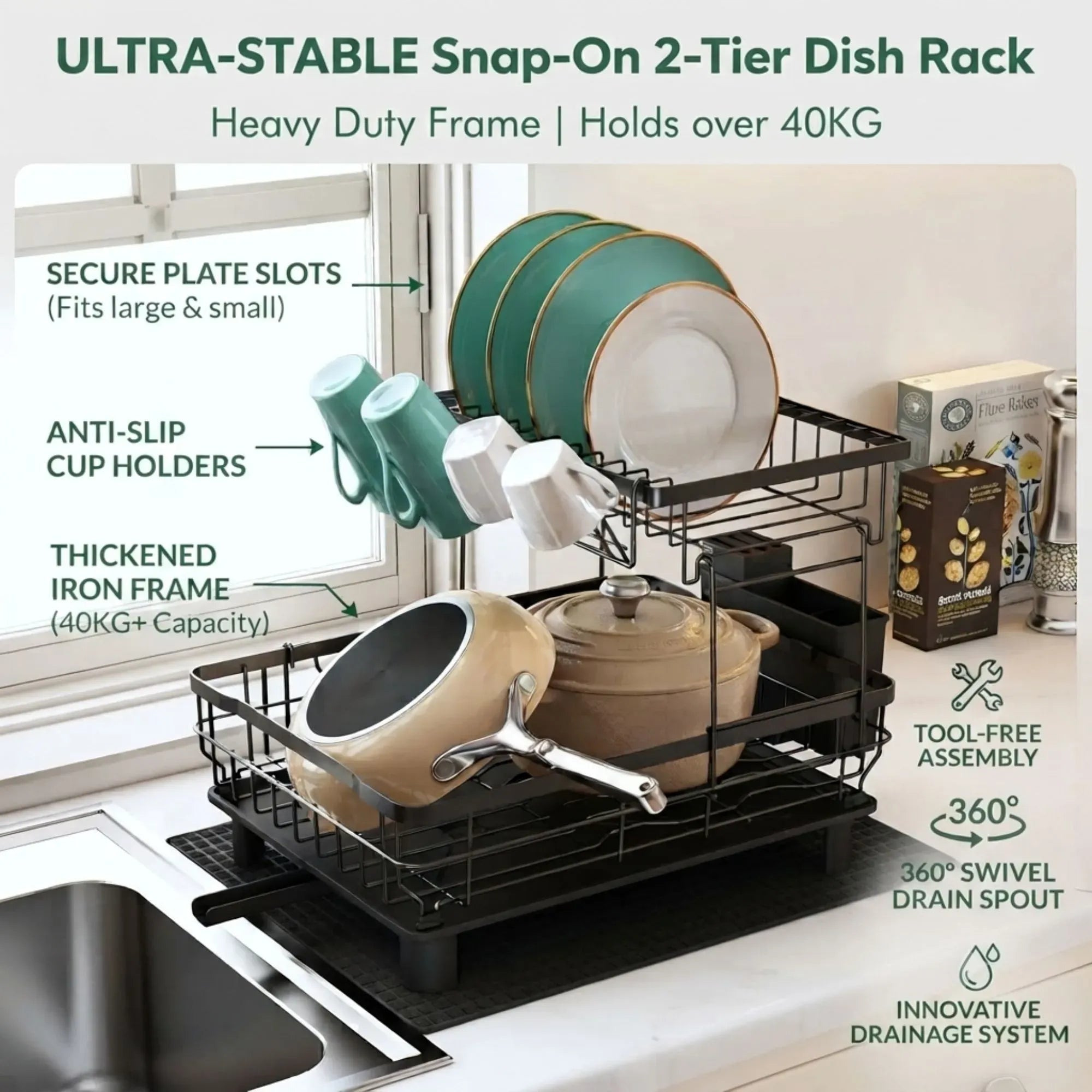 CARLA HOME 2 tier Dish Drying Rack with Drainboard & Utensil Holder for Kitchen Black