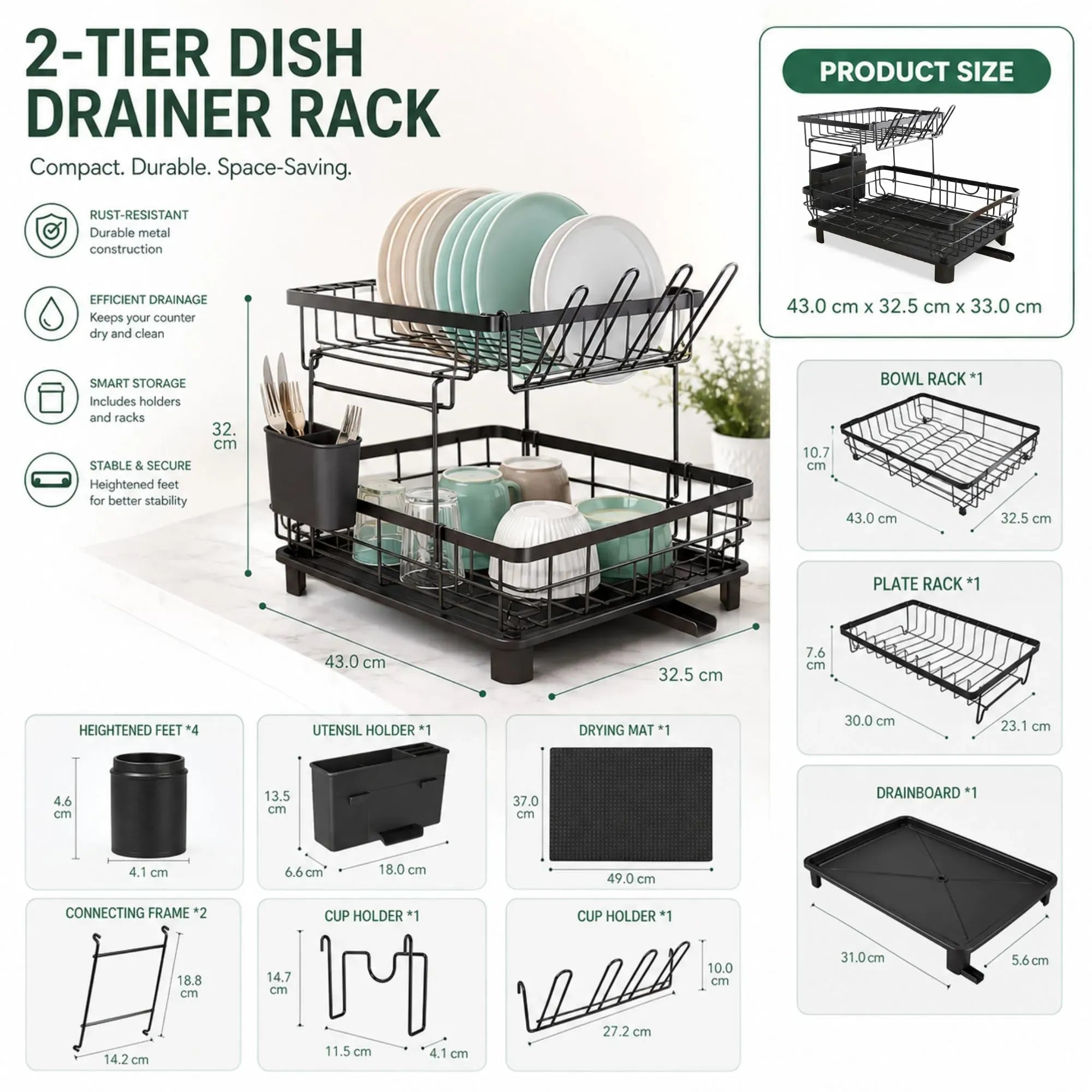 CARLA HOME 2 tier Dish Drying Rack with Drainboard & Utensil Holder for Kitchen Black