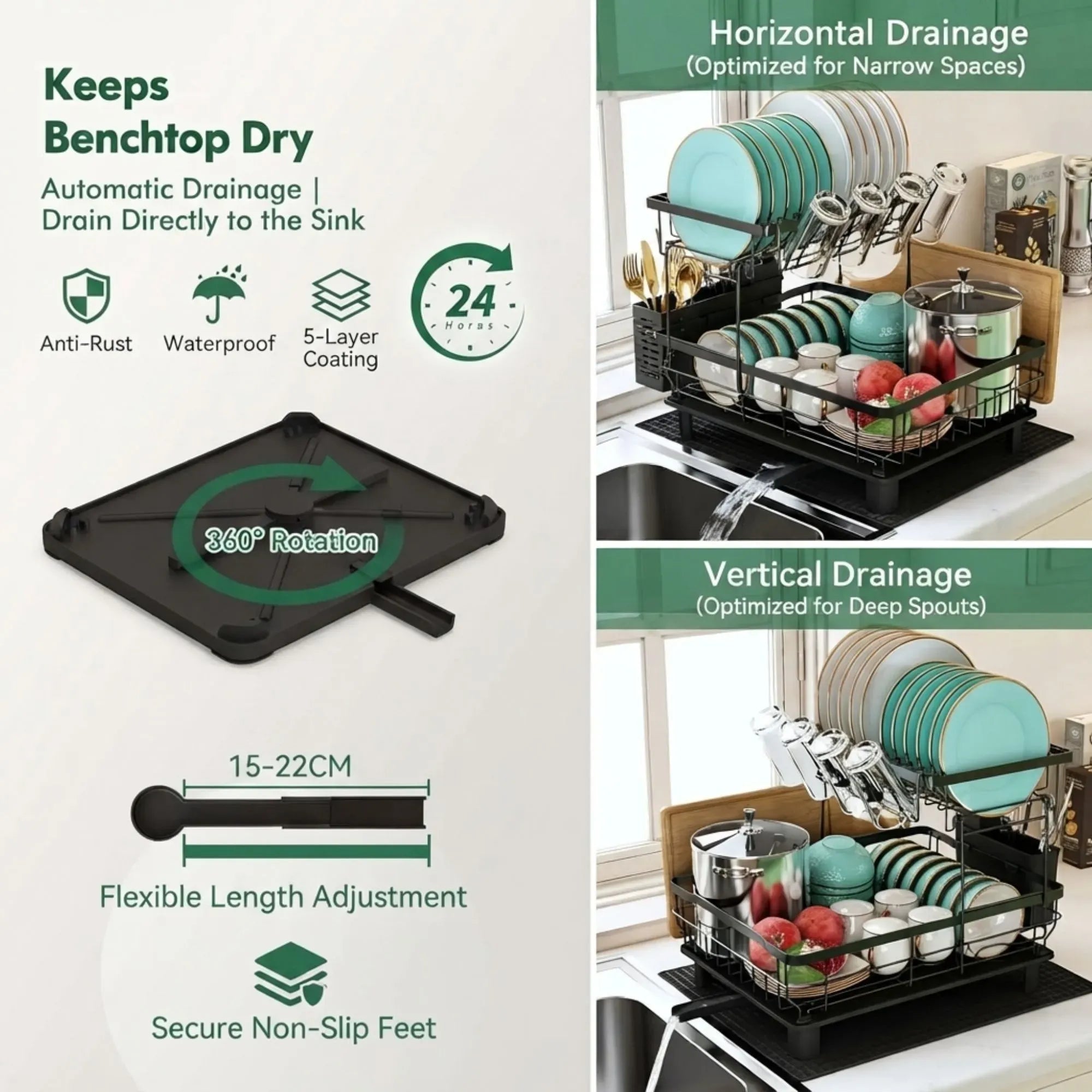 CARLA HOME 2 tier Dish Drying Rack with Drainboard & Utensil Holder for Kitchen Black
