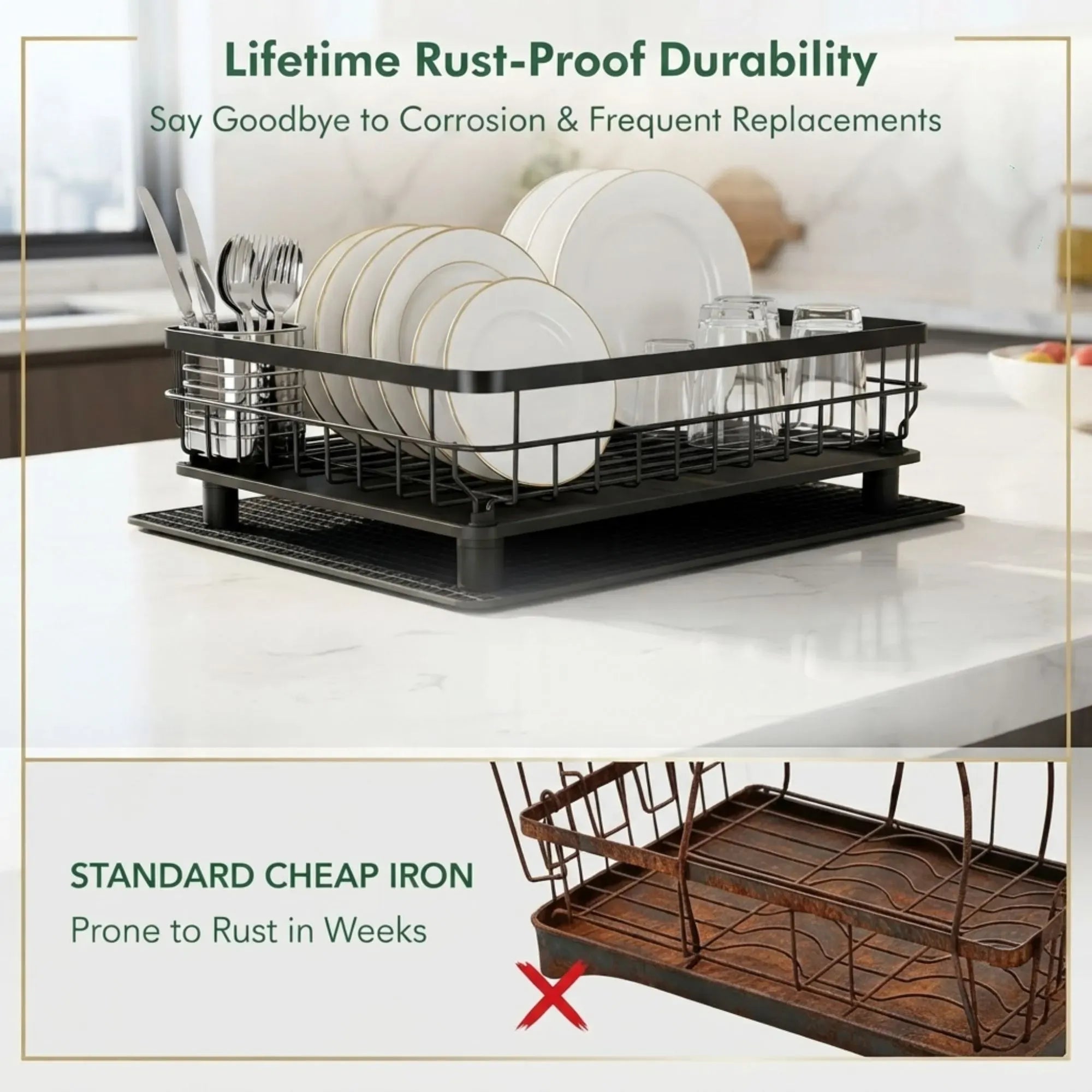 CARLA HOME 2 tier Dish Drying Rack with Drainboard & Utensil Holder for Kitchen Black