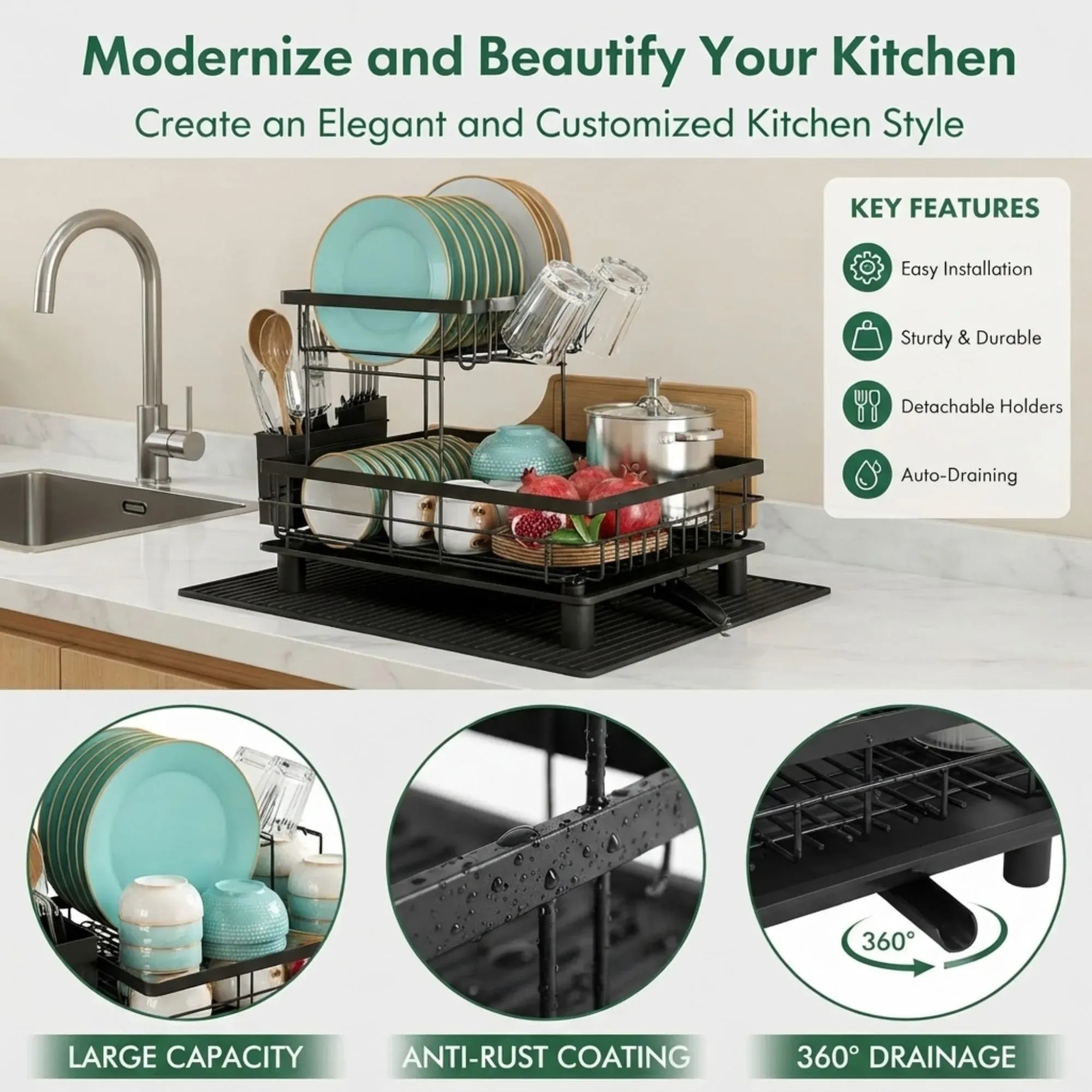 CARLA HOME 2 tier Dish Drying Rack with Drainboard & Utensil Holder for Kitchen Black