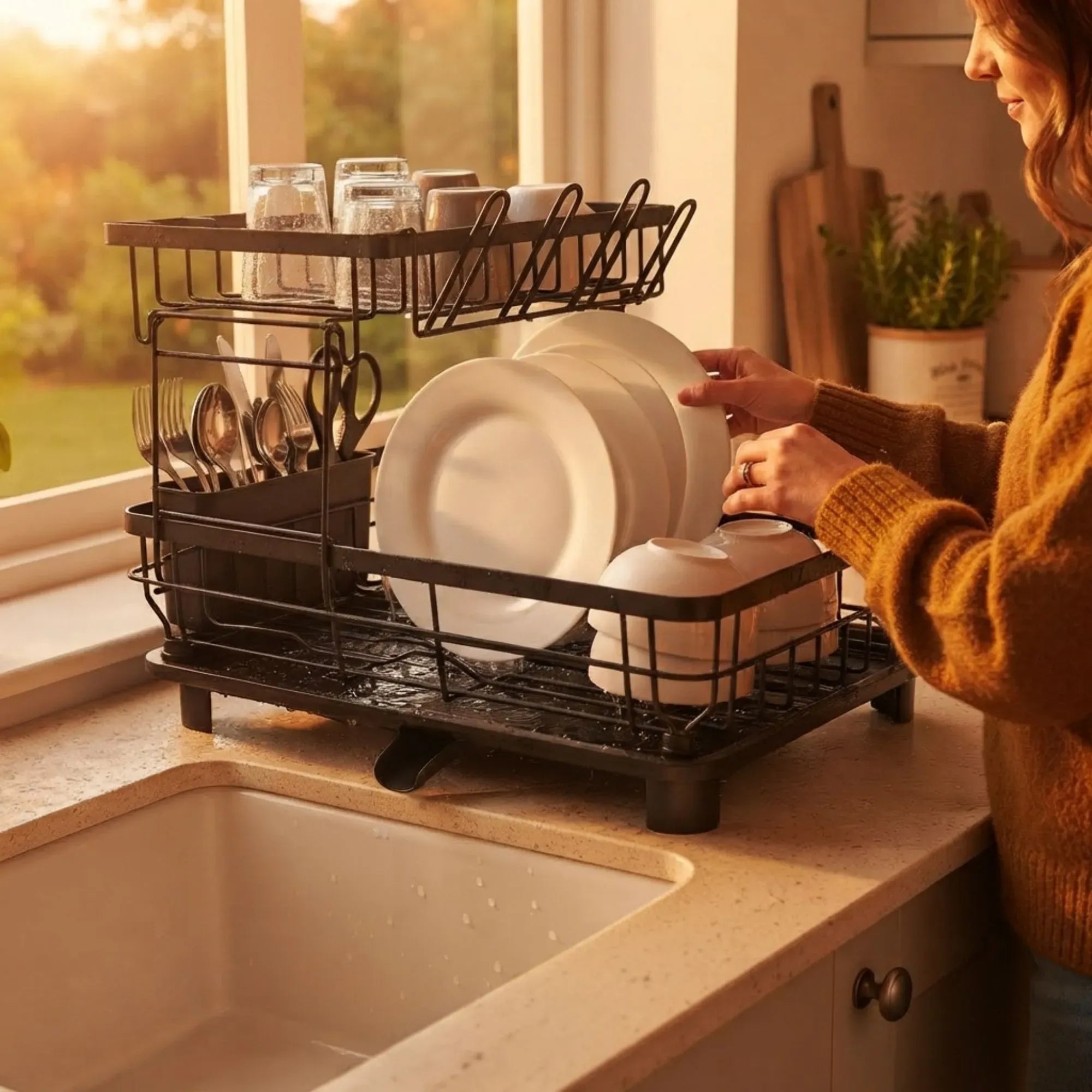 CARLA HOME 2 tier Dish Drying Rack with Drainboard & Utensil Holder for Kitchen Black
