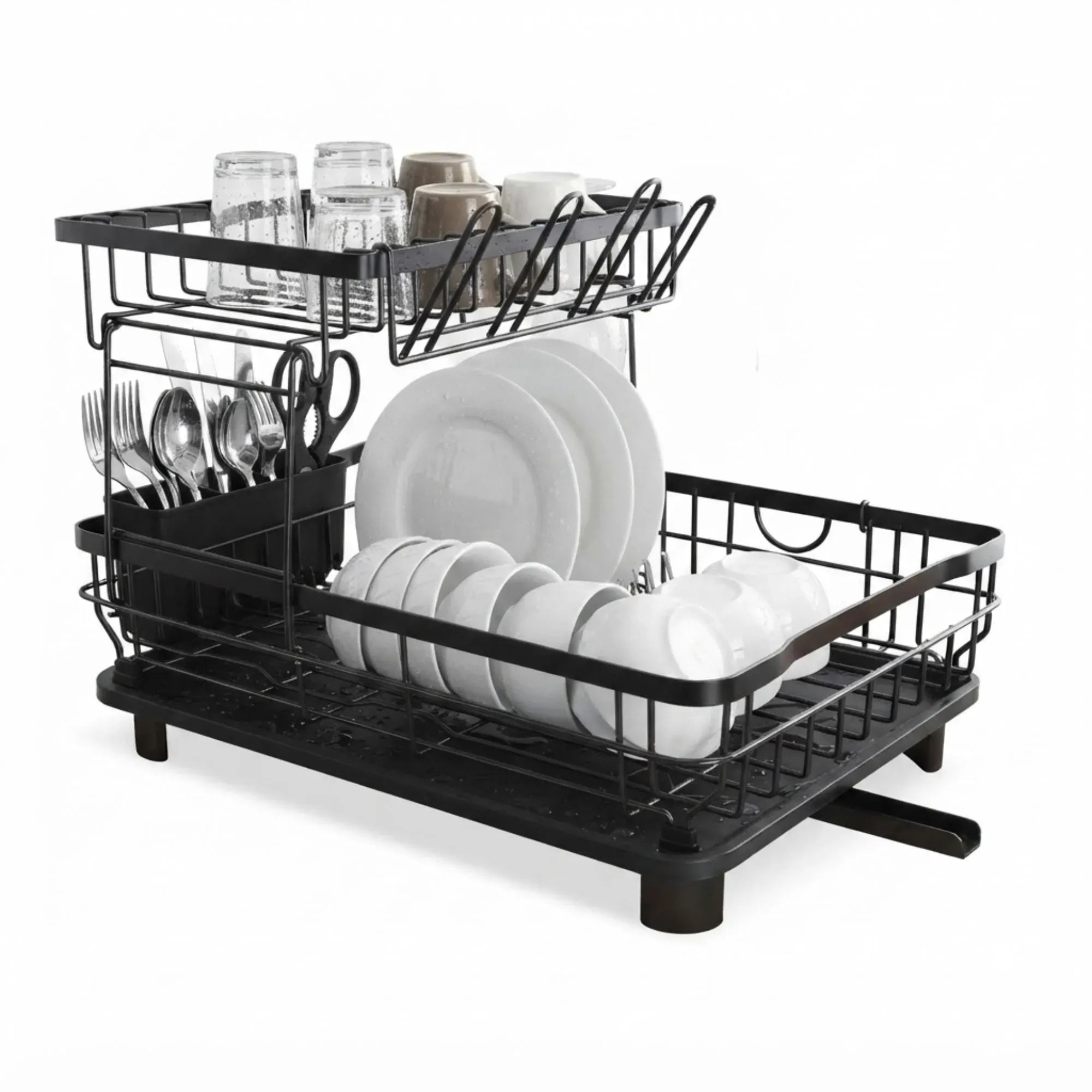 CARLA HOME 2 tier Dish Drying Rack with Drainboard & Utensil Holder for Kitchen Black