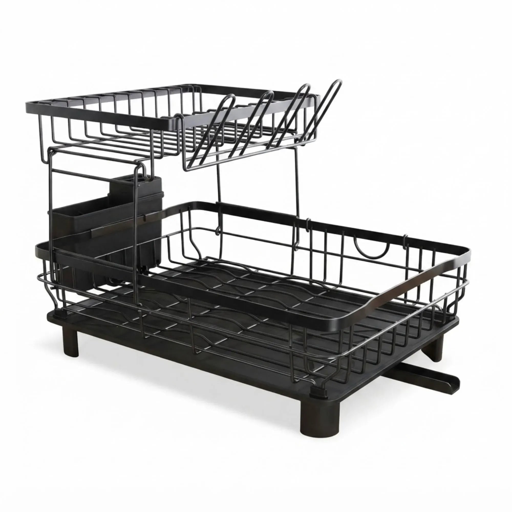 CARLA HOME 2 tier Dish Drying Rack with Drainboard & Utensil Holder for Kitchen Black