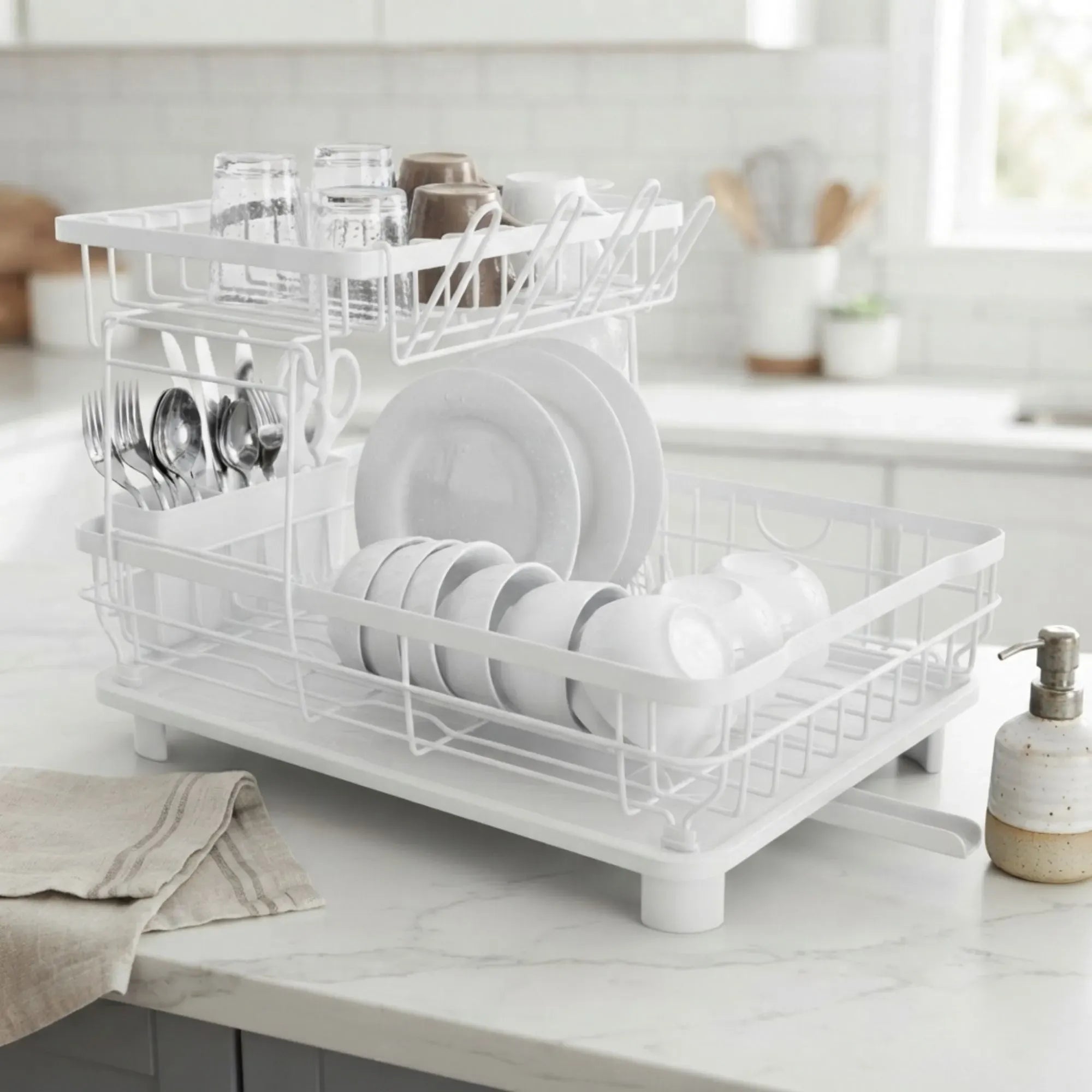 CARLA HOME 2 tier Dish Drying Rack with Drainboard & Utensil Holder for Kitchen White