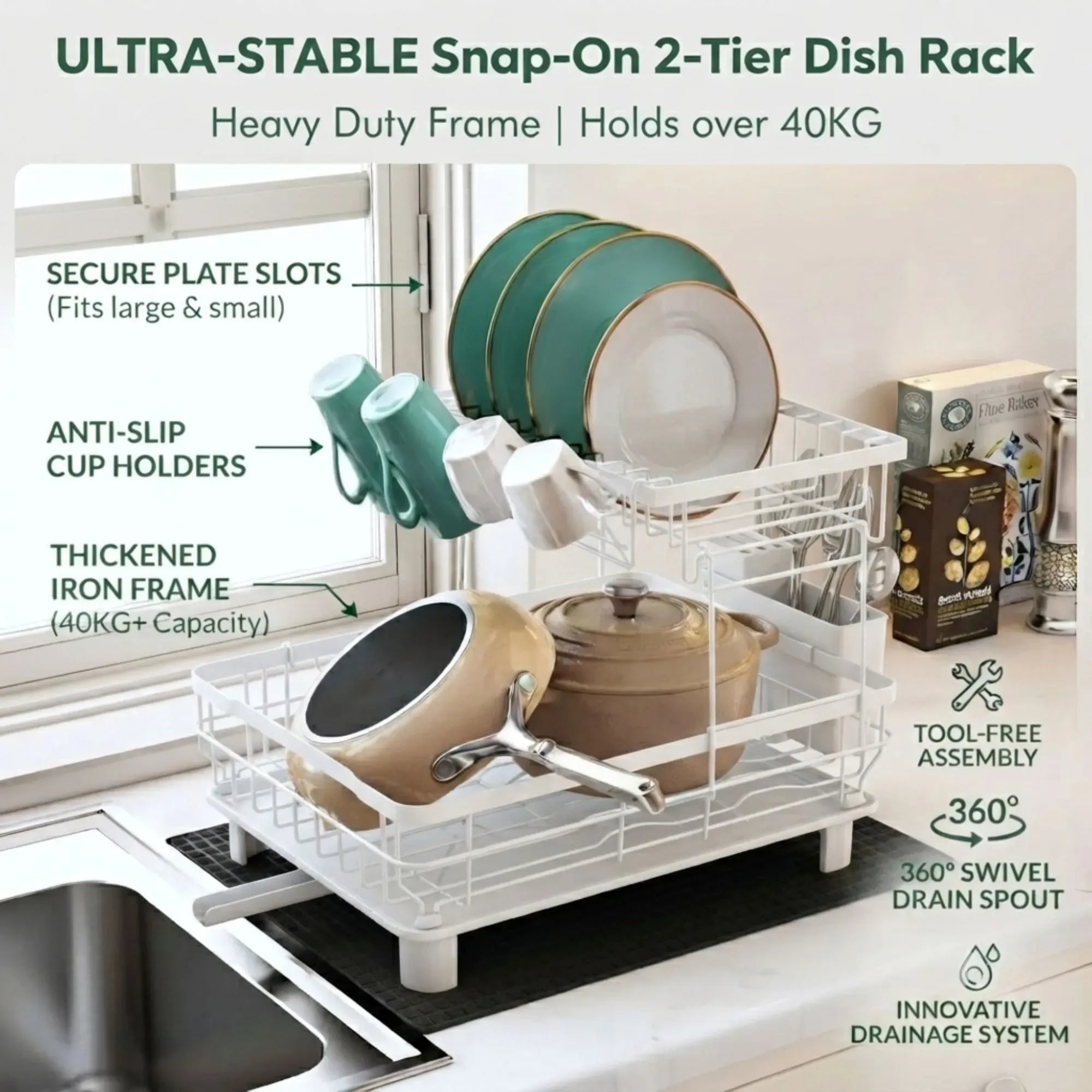 CARLA HOME 2 tier Dish Drying Rack with Drainboard & Utensil Holder for Kitchen White