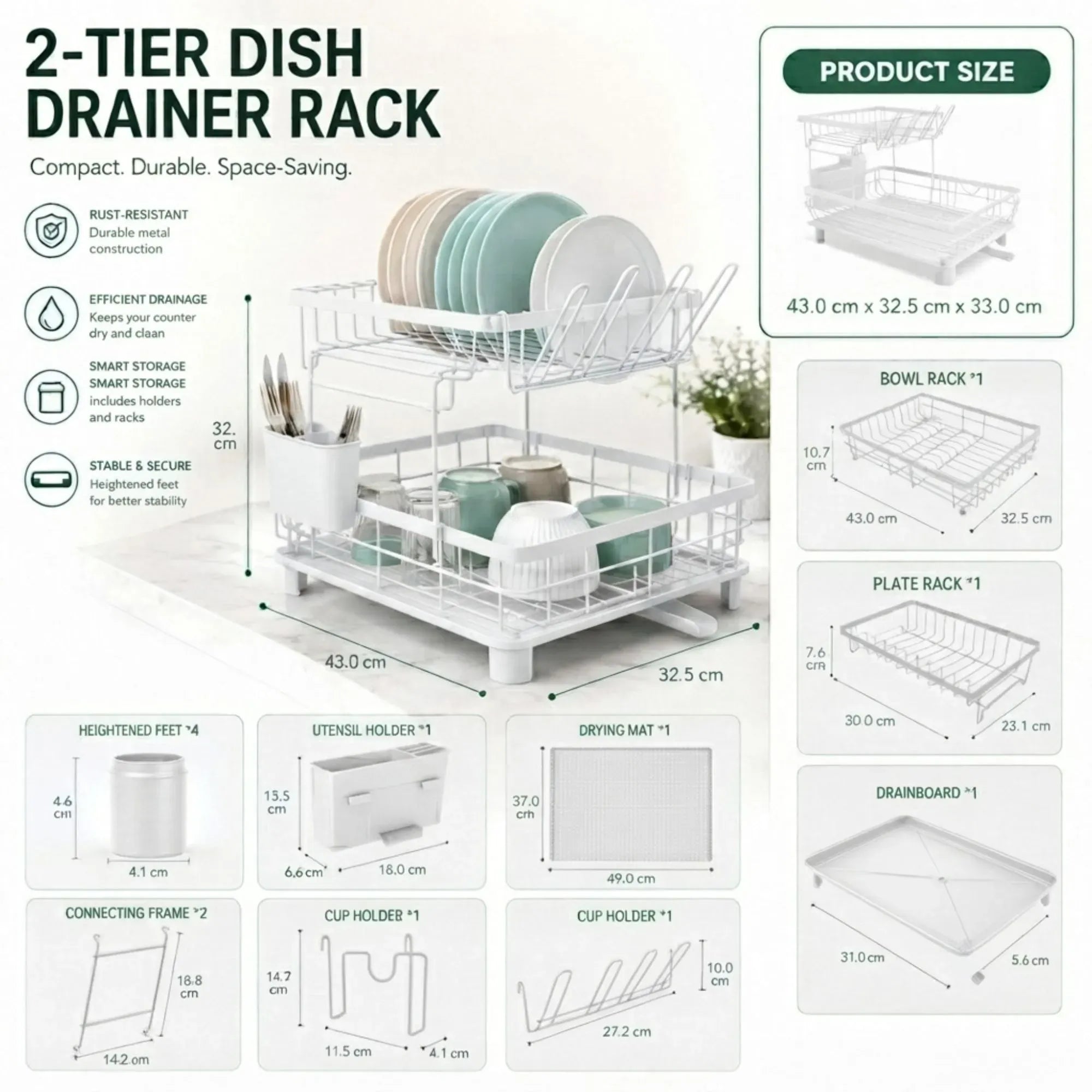 CARLA HOME 2 tier Dish Drying Rack with Drainboard & Utensil Holder for Kitchen White