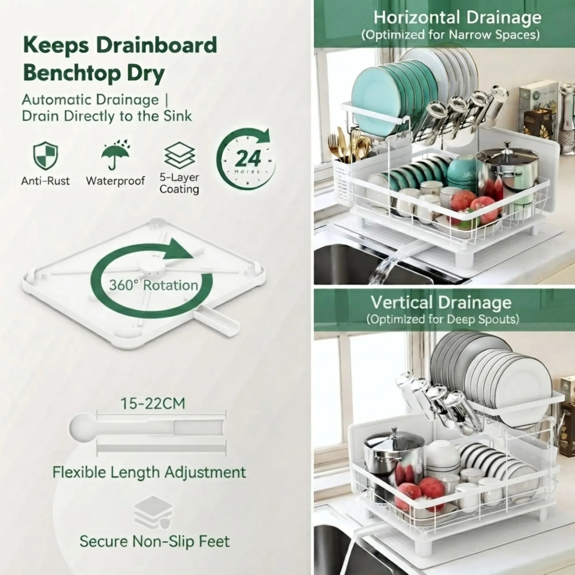 CARLA HOME 2 tier Dish Drying Rack with Drainboard & Utensil Holder for Kitchen White