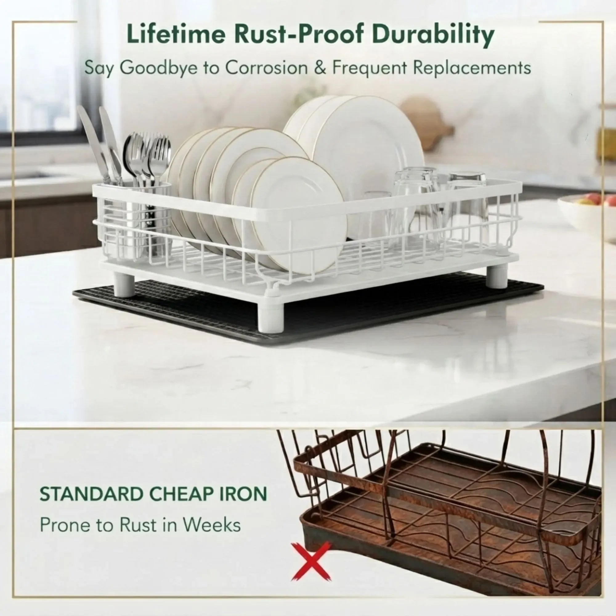 CARLA HOME 2 tier Dish Drying Rack with Drainboard & Utensil Holder for Kitchen White