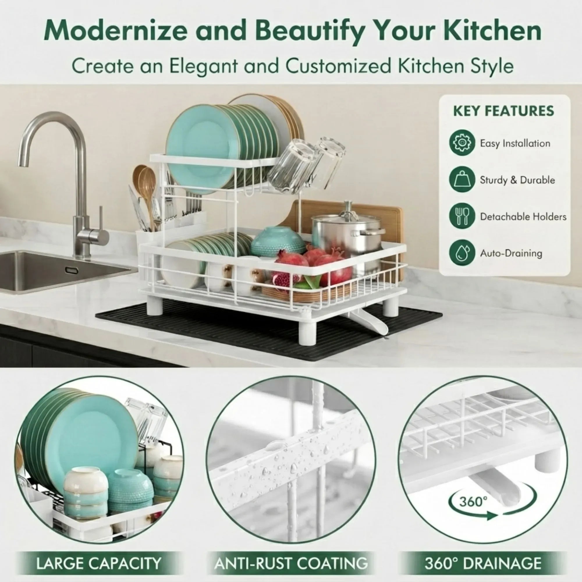 CARLA HOME 2 tier Dish Drying Rack with Drainboard & Utensil Holder for Kitchen White