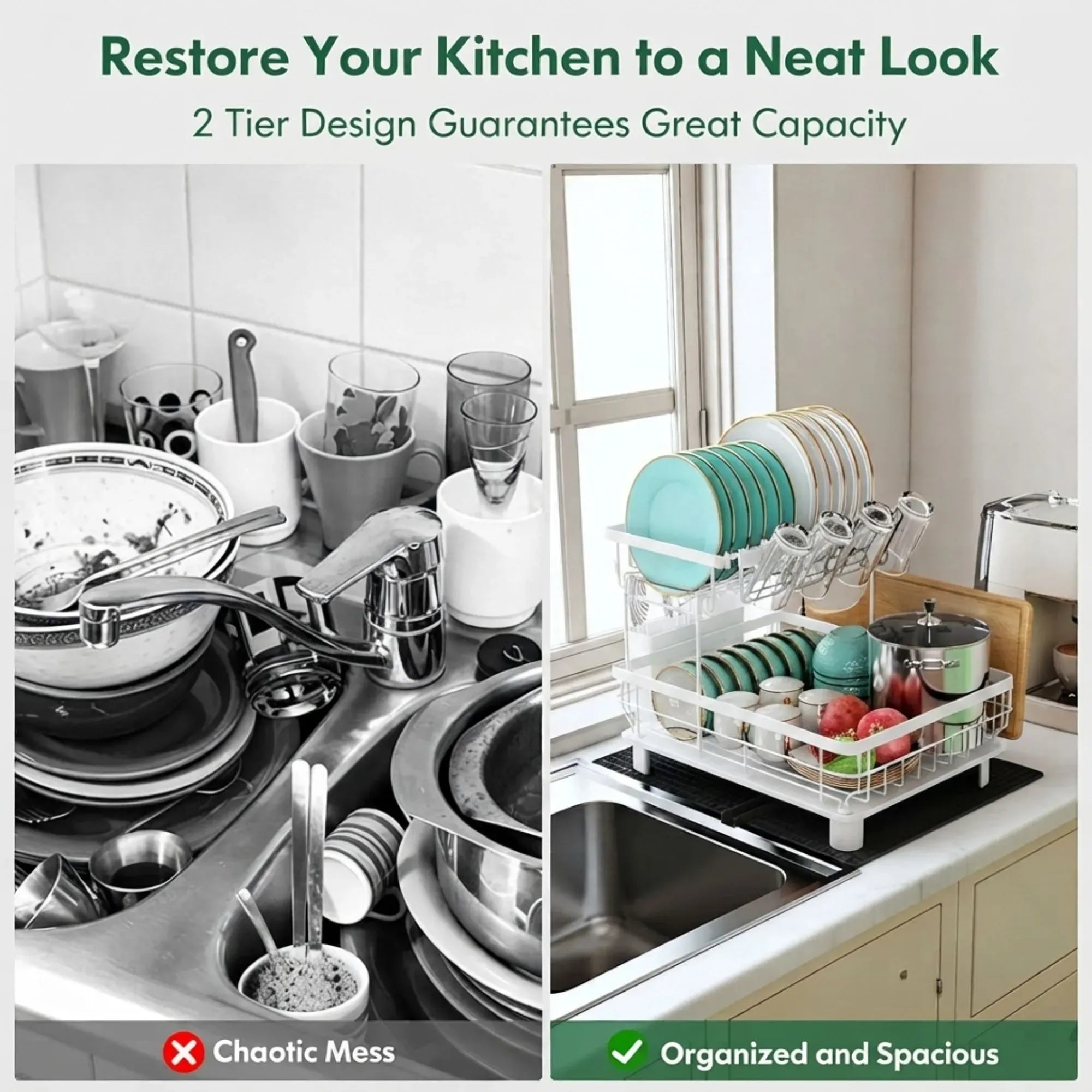 CARLA HOME 2 tier Dish Drying Rack with Drainboard & Utensil Holder for Kitchen White