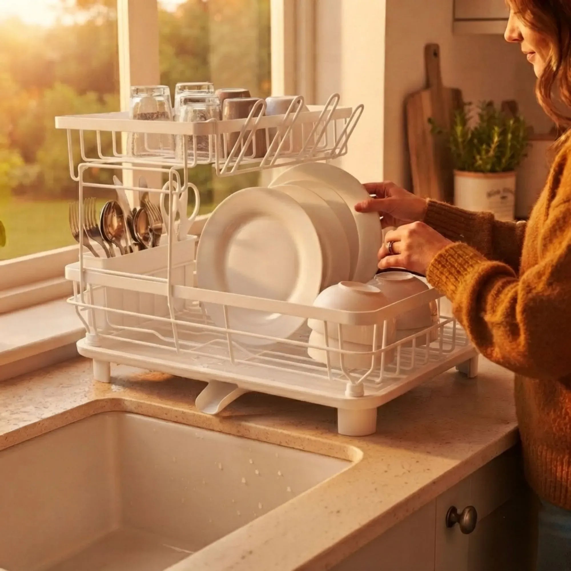 CARLA HOME 2 tier Dish Drying Rack with Drainboard & Utensil Holder for Kitchen White