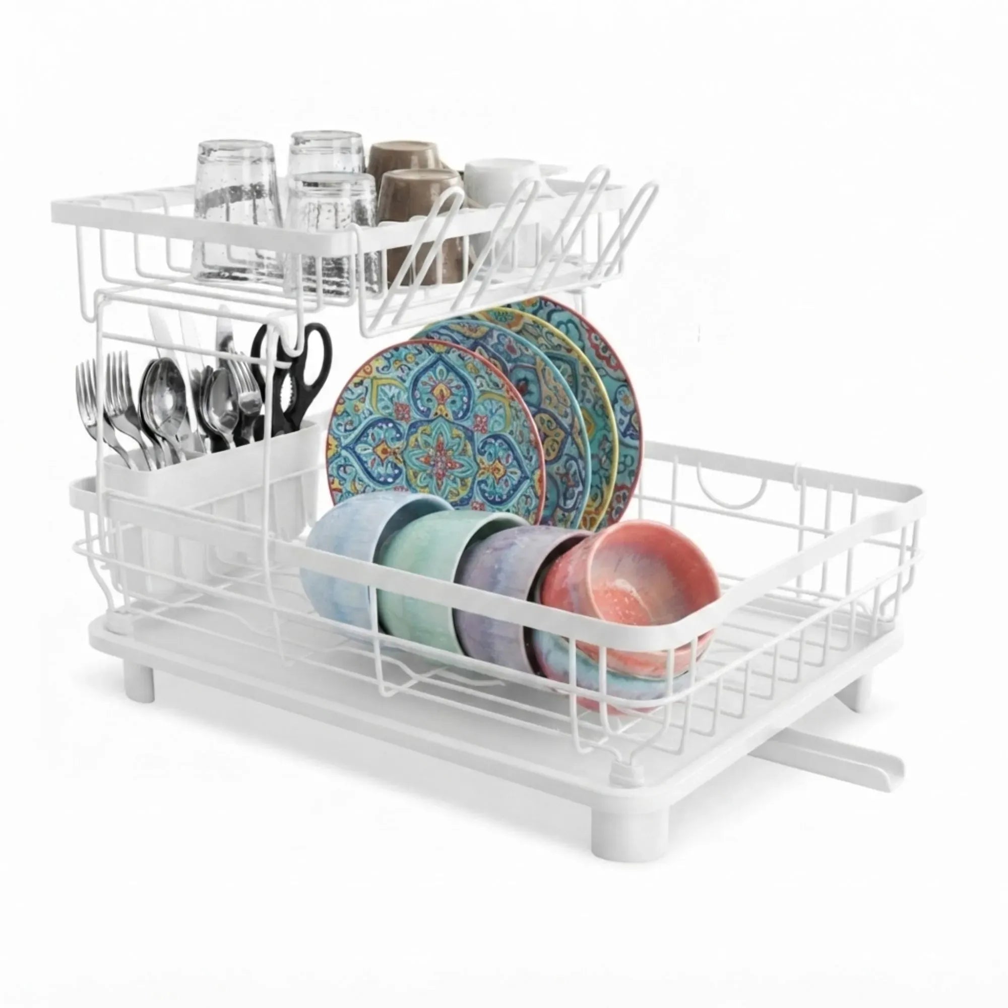 CARLA HOME 2 tier Dish Drying Rack with Drainboard & Utensil Holder for Kitchen White
