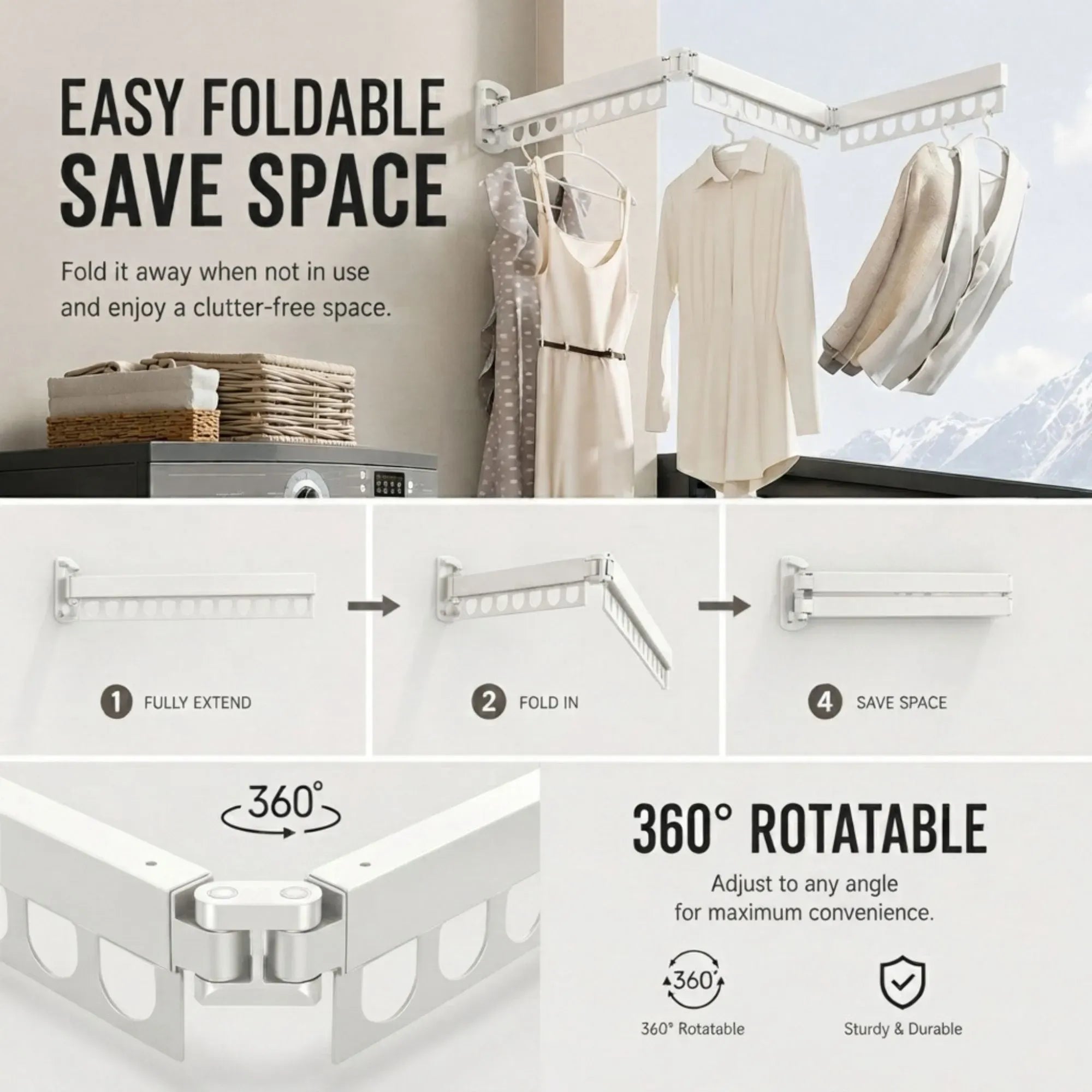 CARLA HOME 3-Fold Wall Mounted Clothes Drying Rack, Laundry Space Saver, White