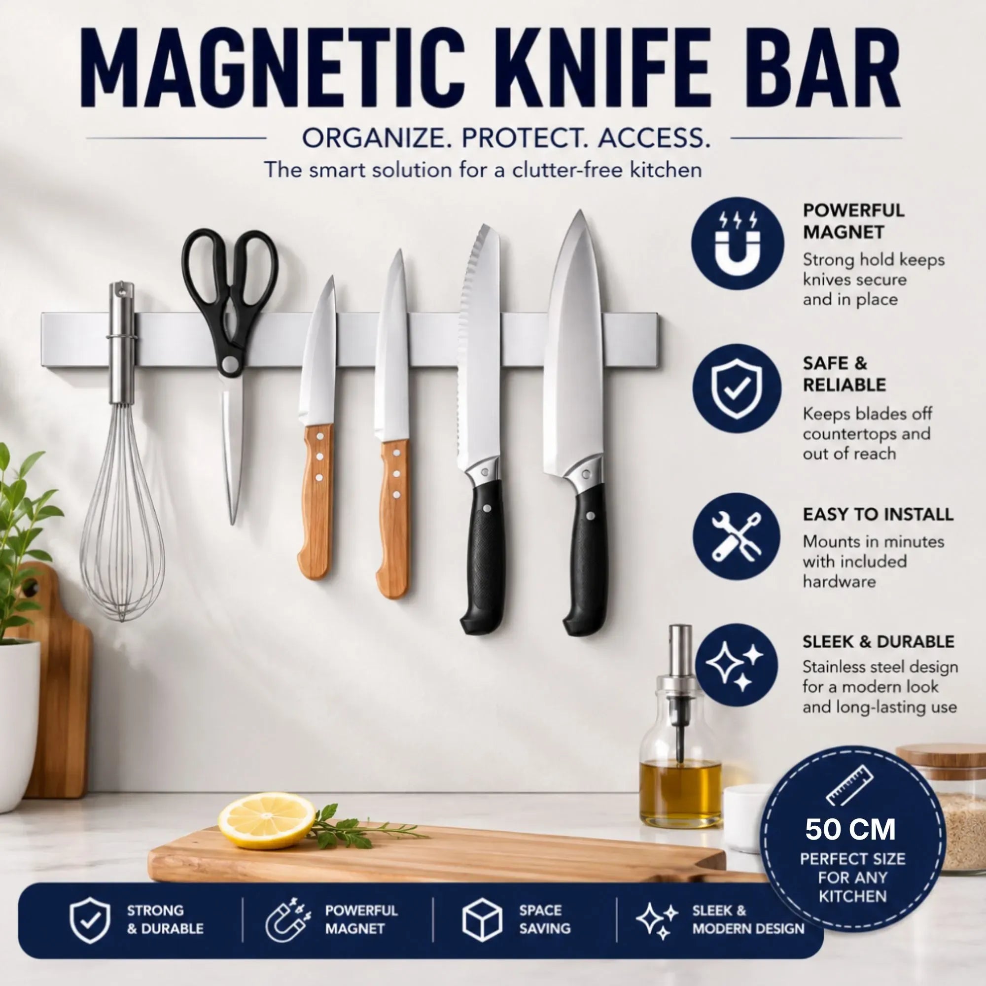 CARLA HOME Magnetic Knife Strip 50cm, Premium Stainless Steel Wall Rack Kitchen