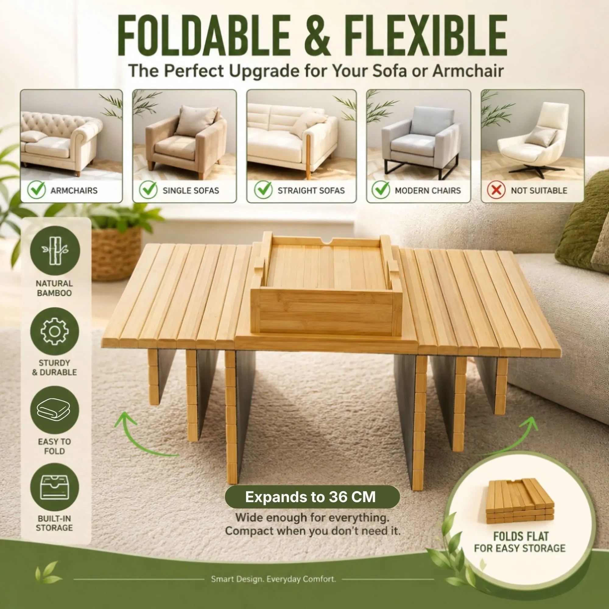 CARLA HOME Bamboo Sofa Armrest Tray, Couch Arm Table, Non-Slip Tray Table