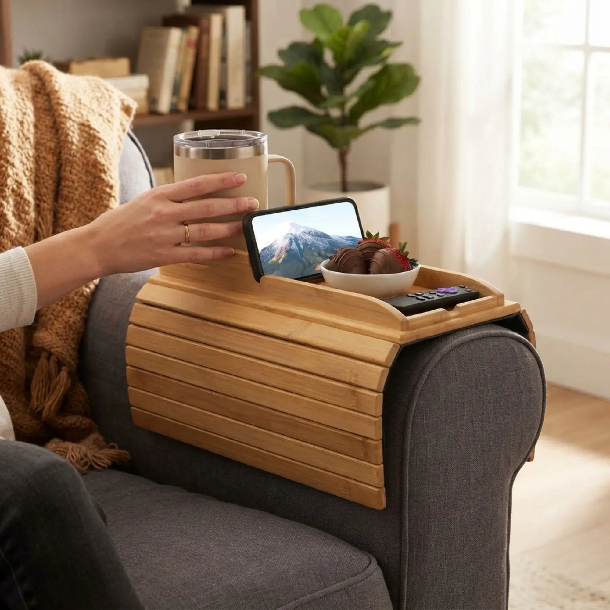 CARLA HOME Bamboo Sofa Armrest Tray, Couch Arm Table, Non-Slip Tray Table