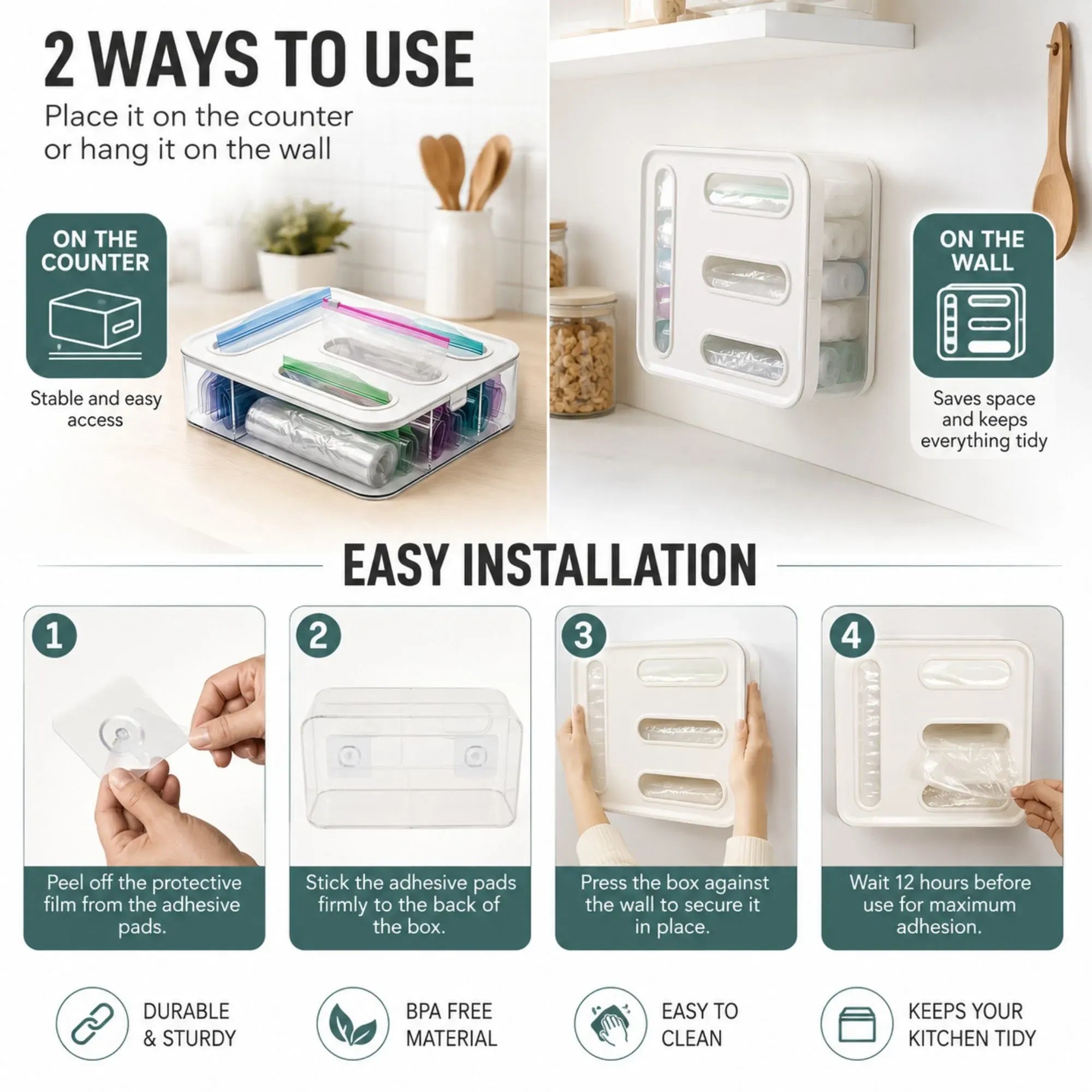 CARLA HOME Food Storage Bag Organiser, 4 Compartment Drawer Box, Kitchen Drawer