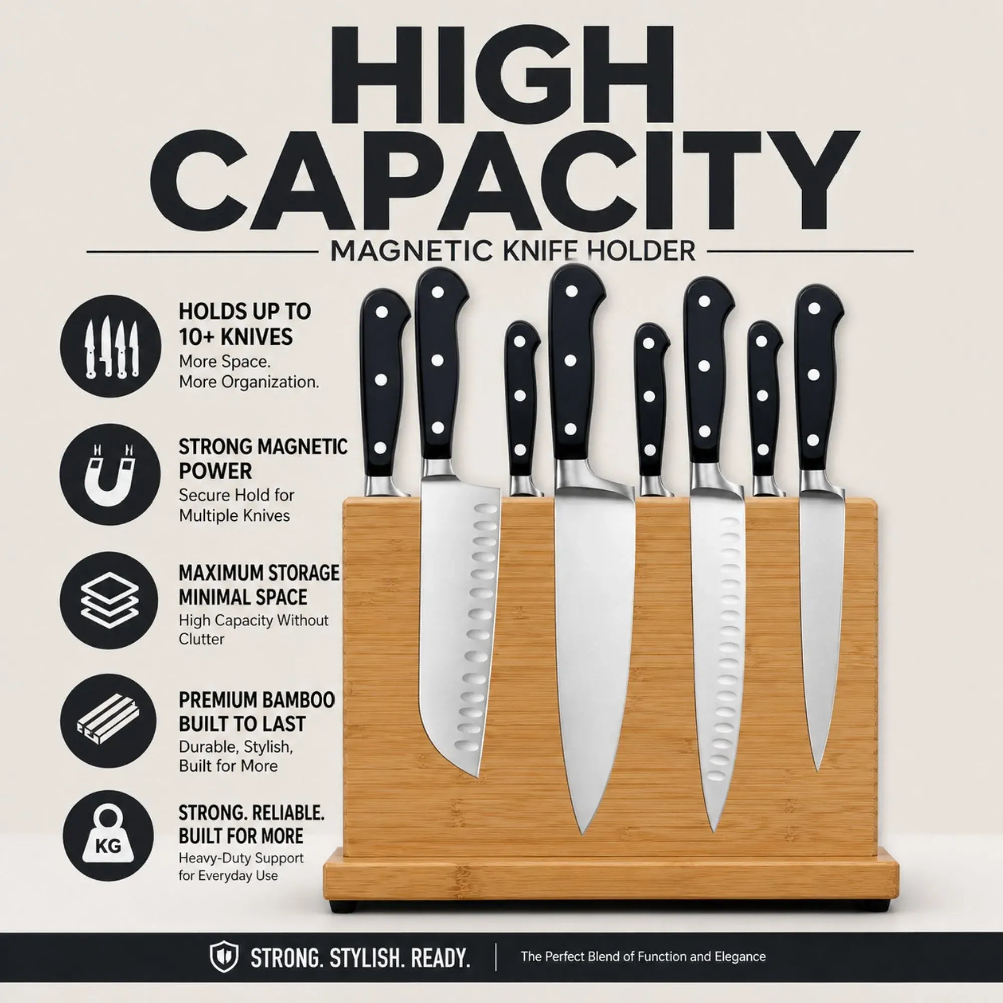 CARLA HOME Magnetic Knife Block, Bamboo Double Sided Holder up to 30cm Knives Kitchen