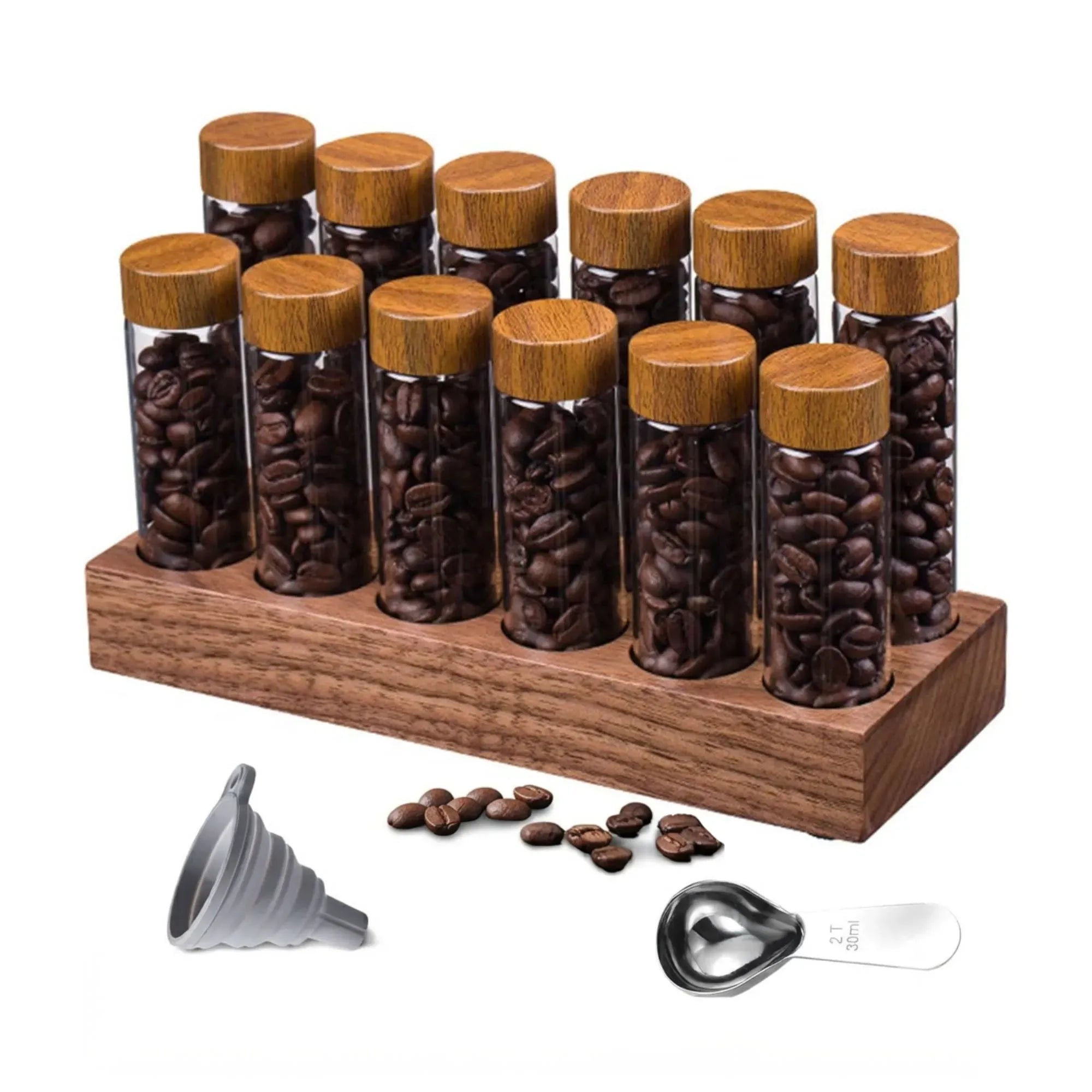 CARLA HOME Glass Coffee Bean Storage Tubes, 12 Pack Wooden Stand 60ml 20g