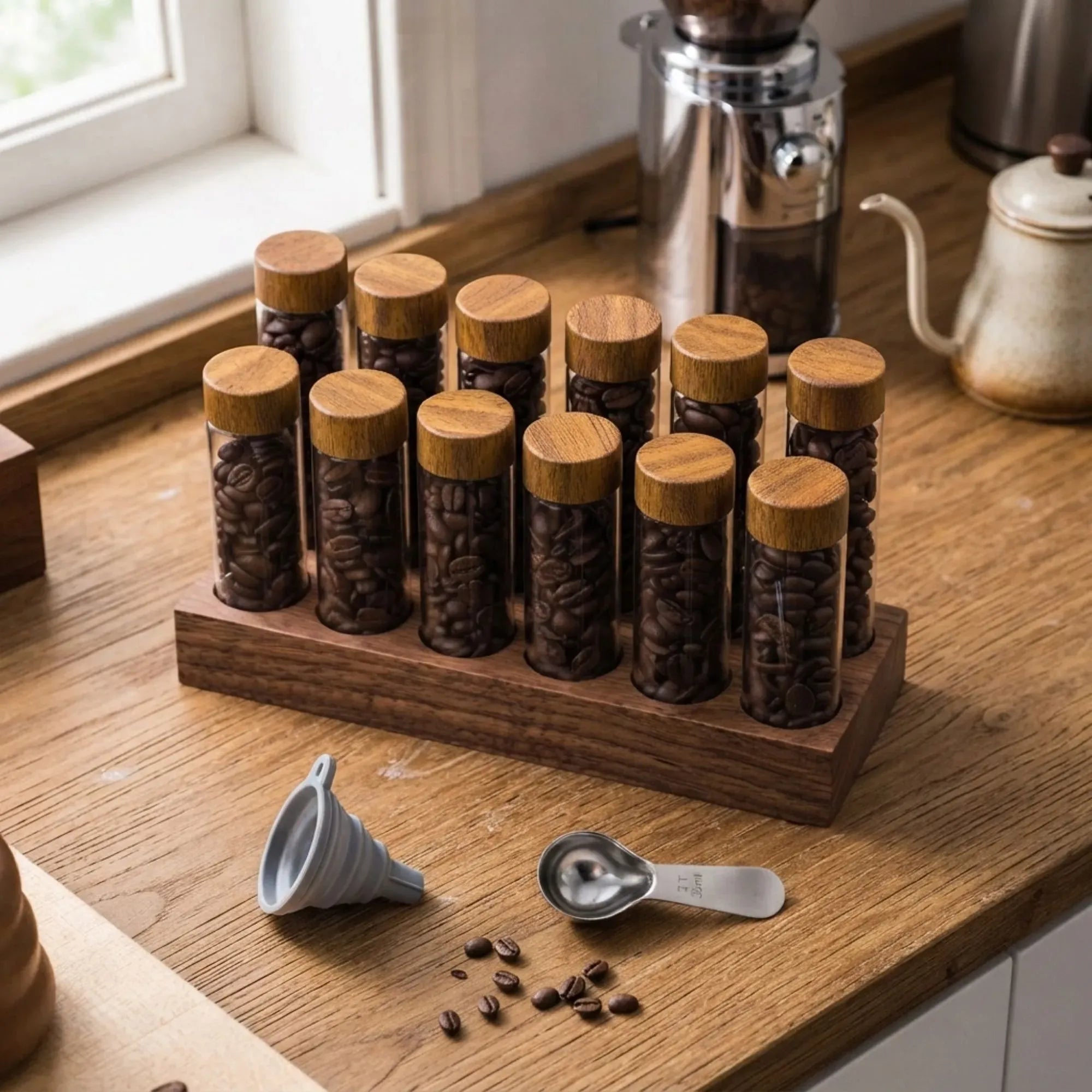 CARLA HOME Glass Coffee Bean Storage Tubes, 12 Pack Wooden Stand 60ml 20g