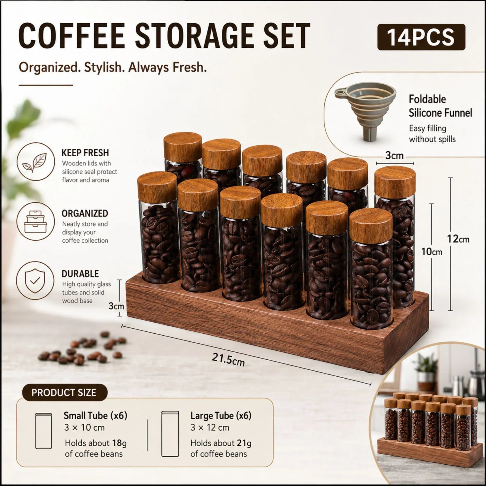 CARLA HOME Glass Coffee Bean Storage Tubes, 12 Pack Wooden Stand 60ml 20g