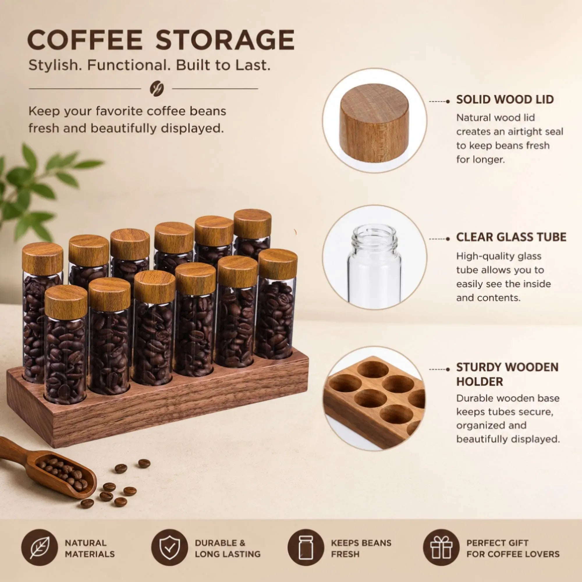 CARLA HOME Glass Coffee Bean Storage Tubes, 12 Pack Wooden Stand 60ml 20g