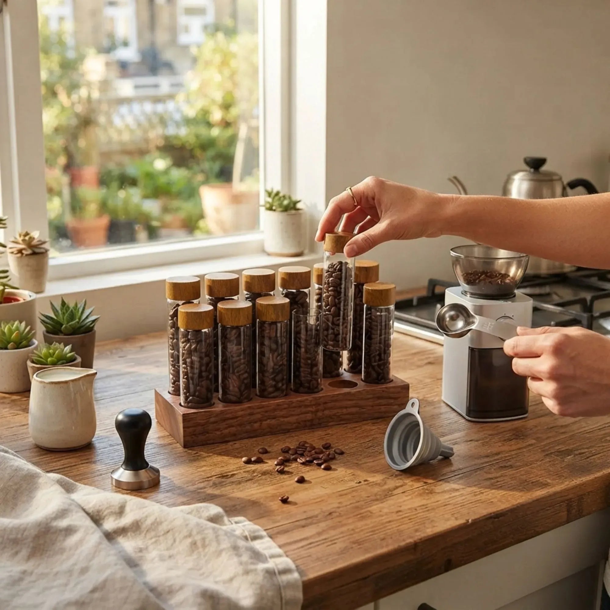 CARLA HOME Glass Coffee Bean Storage Tubes, 12 Pack Wooden Stand 60ml 20g