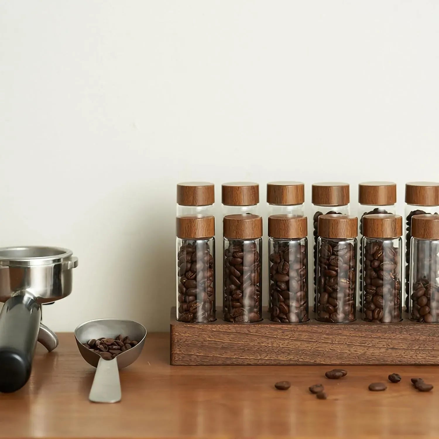 CARLA HOME Glass Coffee Bean Storage Tubes, 12 Pack Wooden Stand 60ml 20g