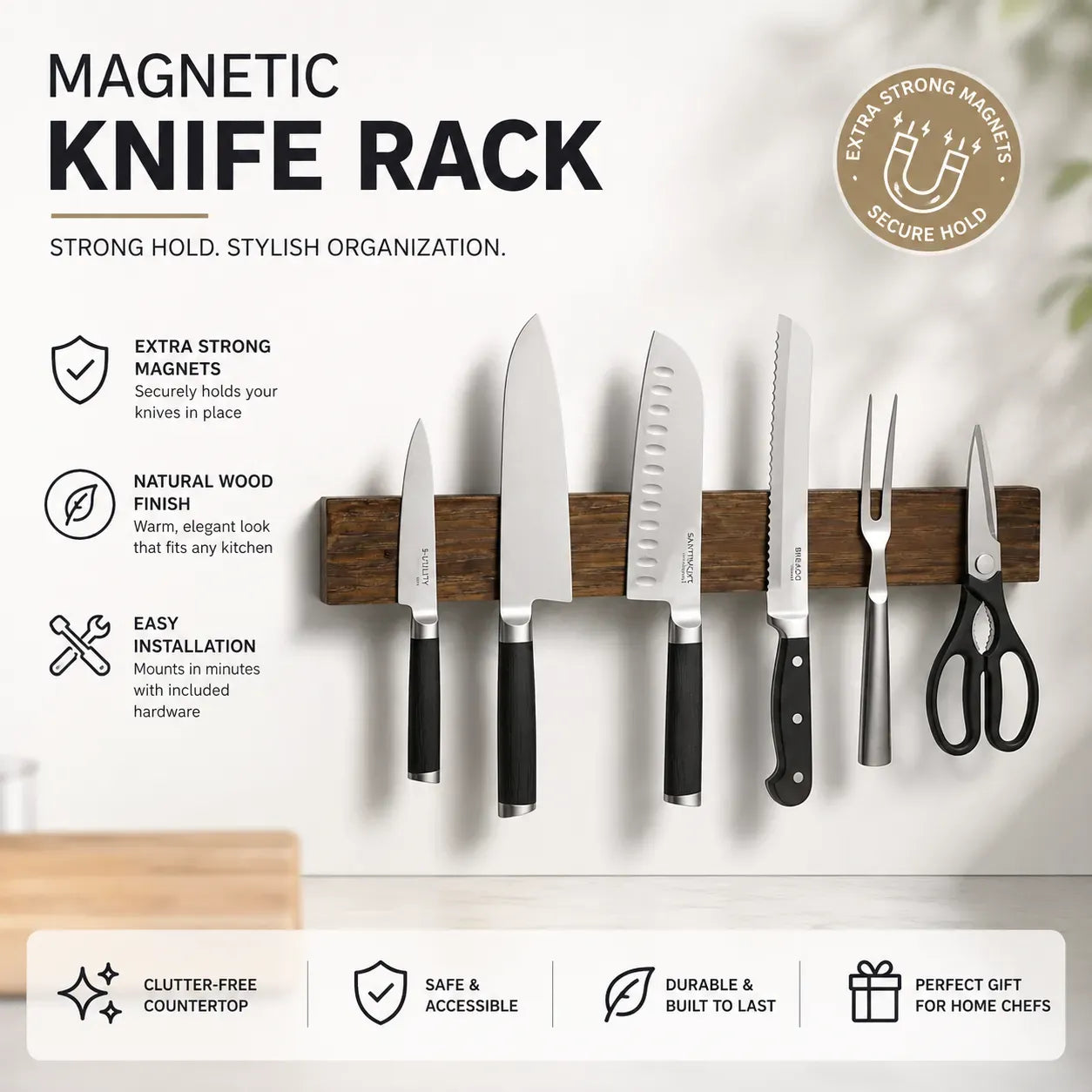 CARLA HOME Magnetic Knife Holder Wall Mounted, Wood Strip, Brown 40cm