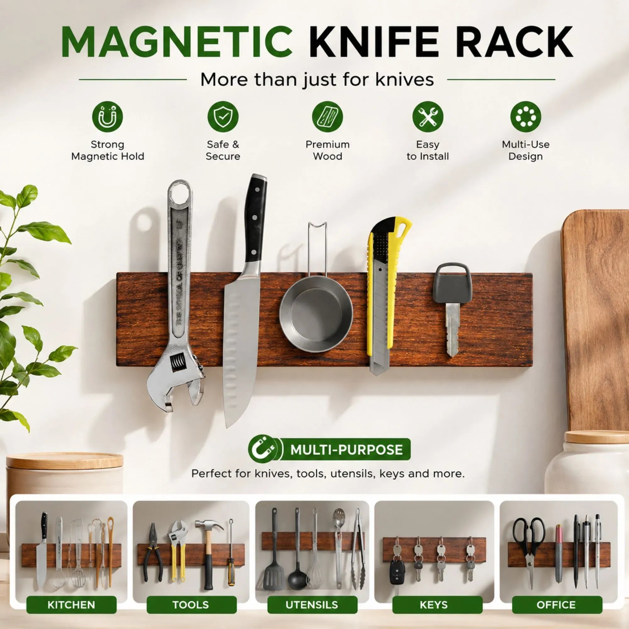 CARLA HOME Magnetic Knife Holder Wall Mounted, Wood Strip, Brown 40cm