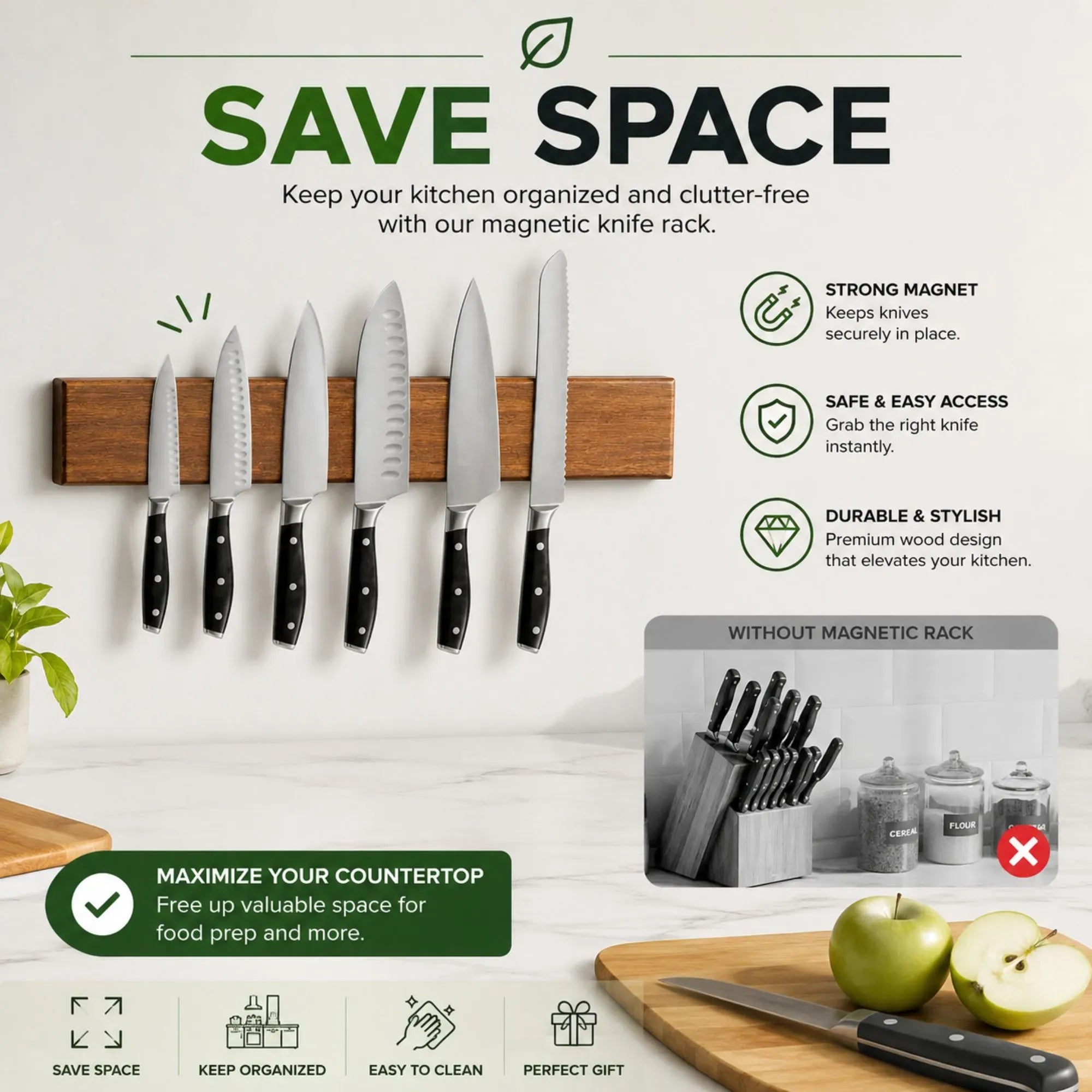 CARLA HOME Magnetic Knife Holder Wall Mounted, Wood Strip, Brown 40cm