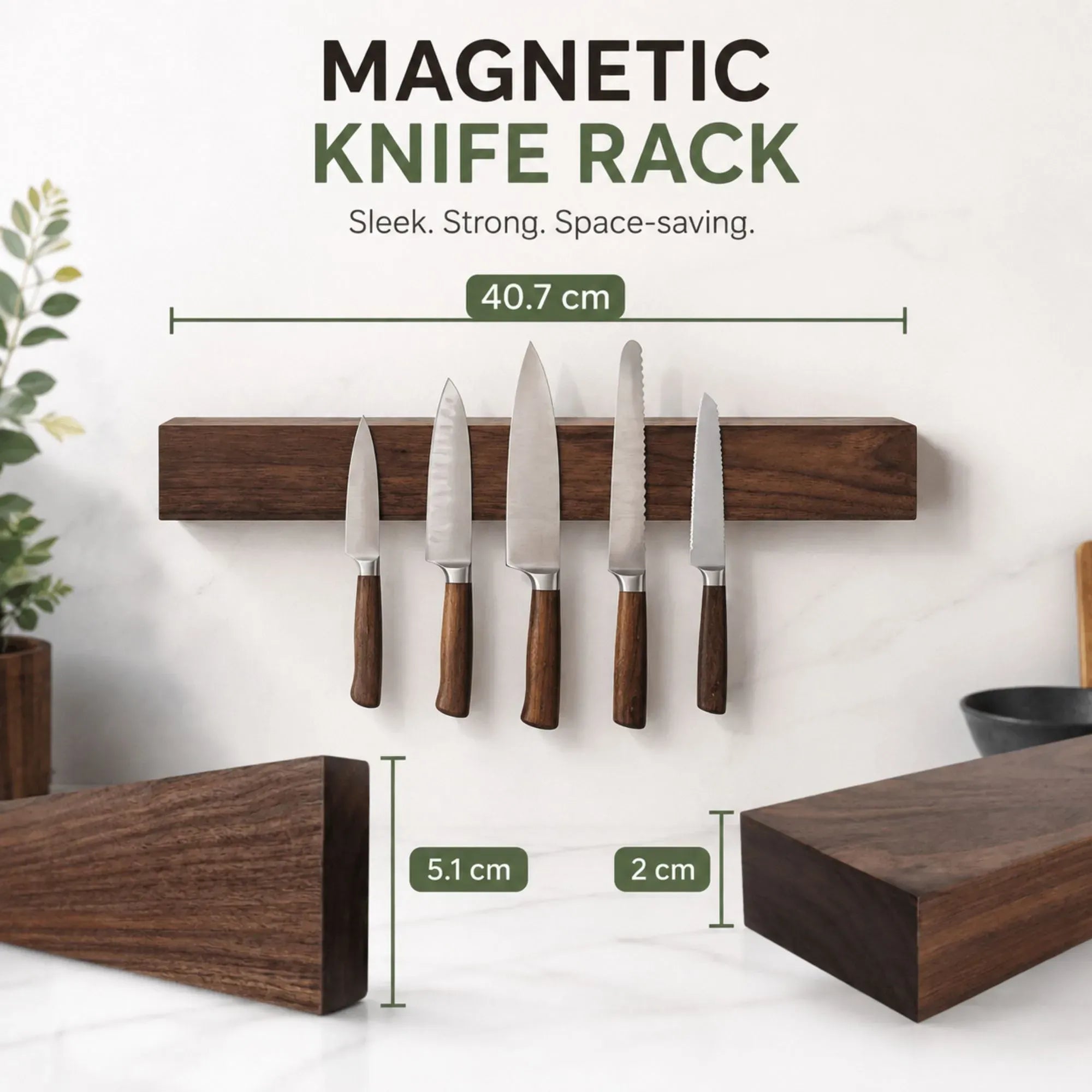 CARLA HOME Magnetic Knife Holder Wall Mounted, Wood Strip, Brown 40cm