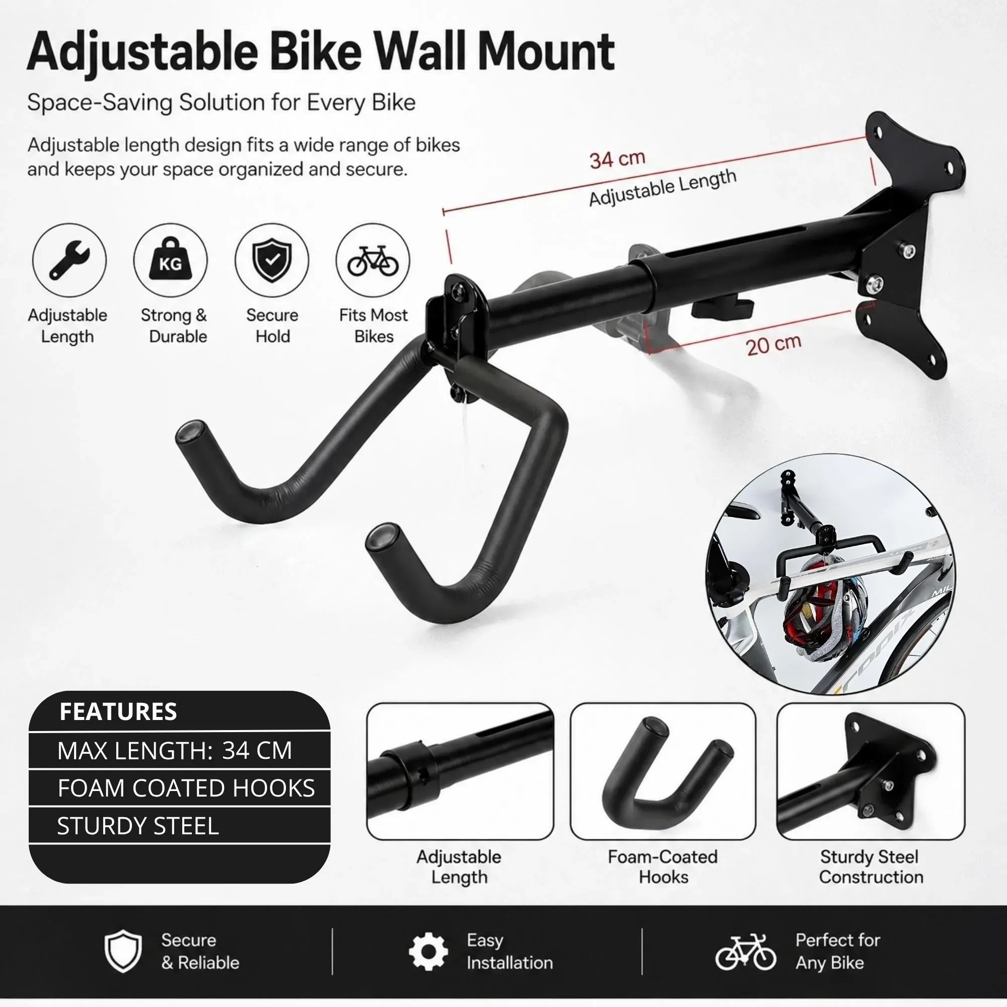 CARLA HOME Wall Mount Bike Rack, Adjustable Foldable Hanger, Garage Storage