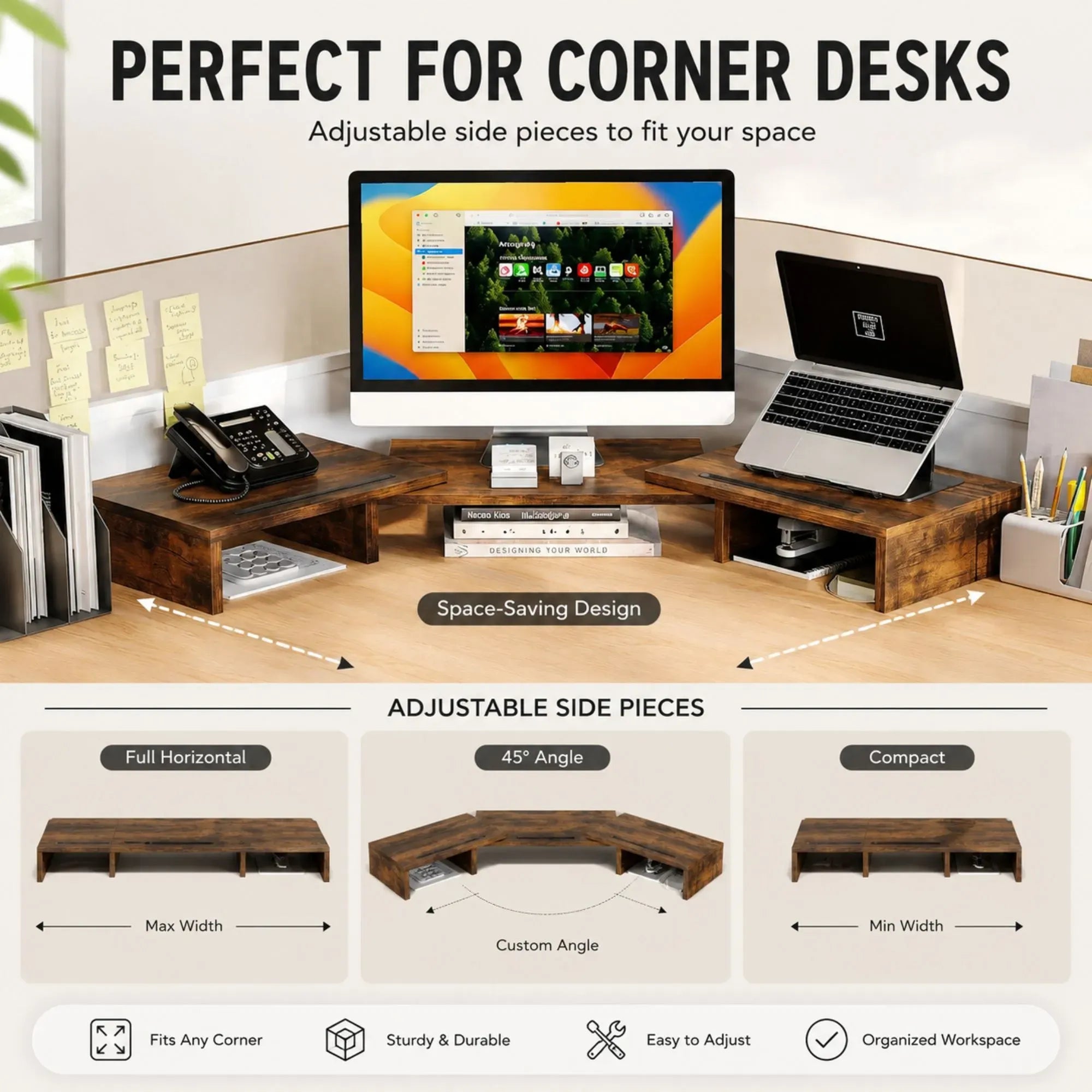 CARLA HOME Dual Monitor Stand Riser, Adjustable Length and Angle, Brown