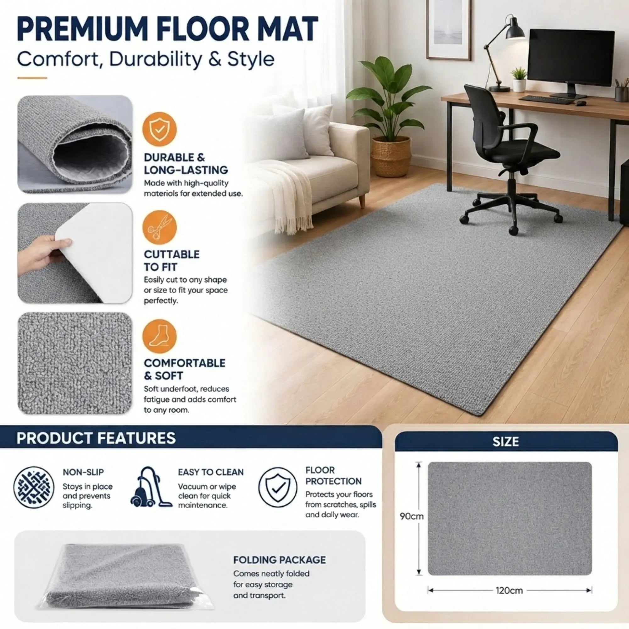 CARLA HOME Office Chair Mat Hard Floor Protector, 120x90 cm, Anti-Slip, White