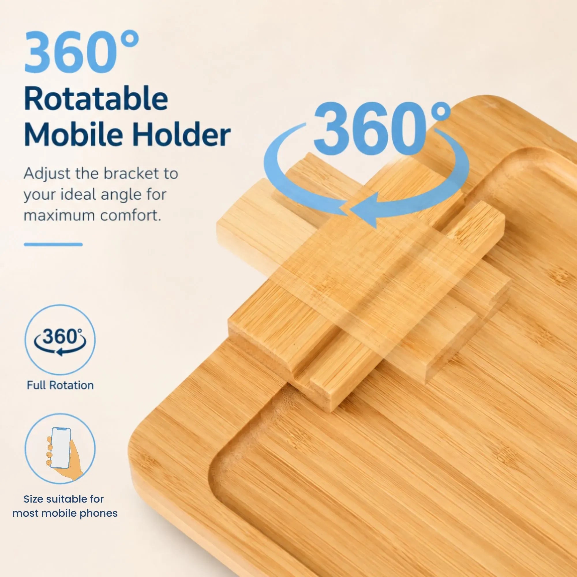 CARLA HOME Bamboo Sofa Arm Tray, 360° Rotating Phone Holder Clip, Couch cup