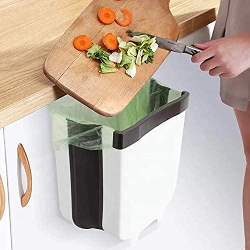 Hanging Trash Can Collapsible Small Garbage Waste Bin for Kitchen Cabinet Door White