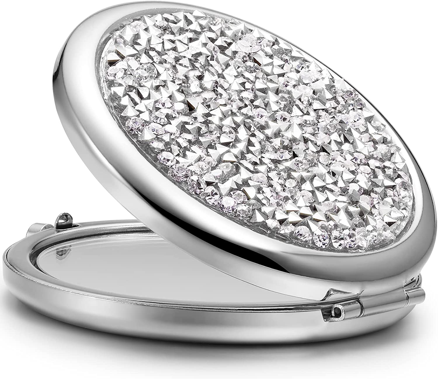 Mini Mix Diamond 1X/2X Magnifying Round Metal Pocket Makeup Mirror Silver