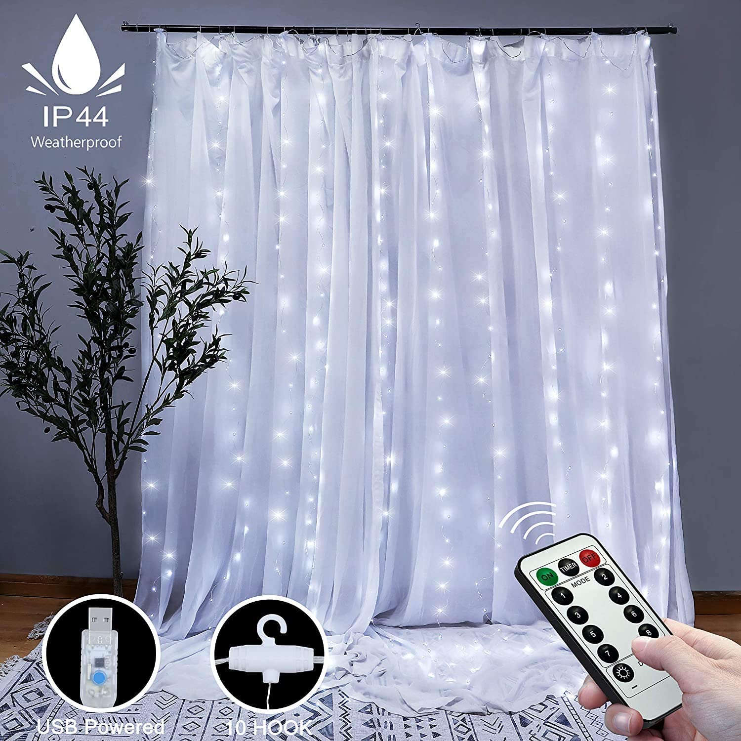 300 LEDs Window Curtain Fairy Lights 8 Modes and Remote Control for Bedroom Cool White, 300 x 300cm