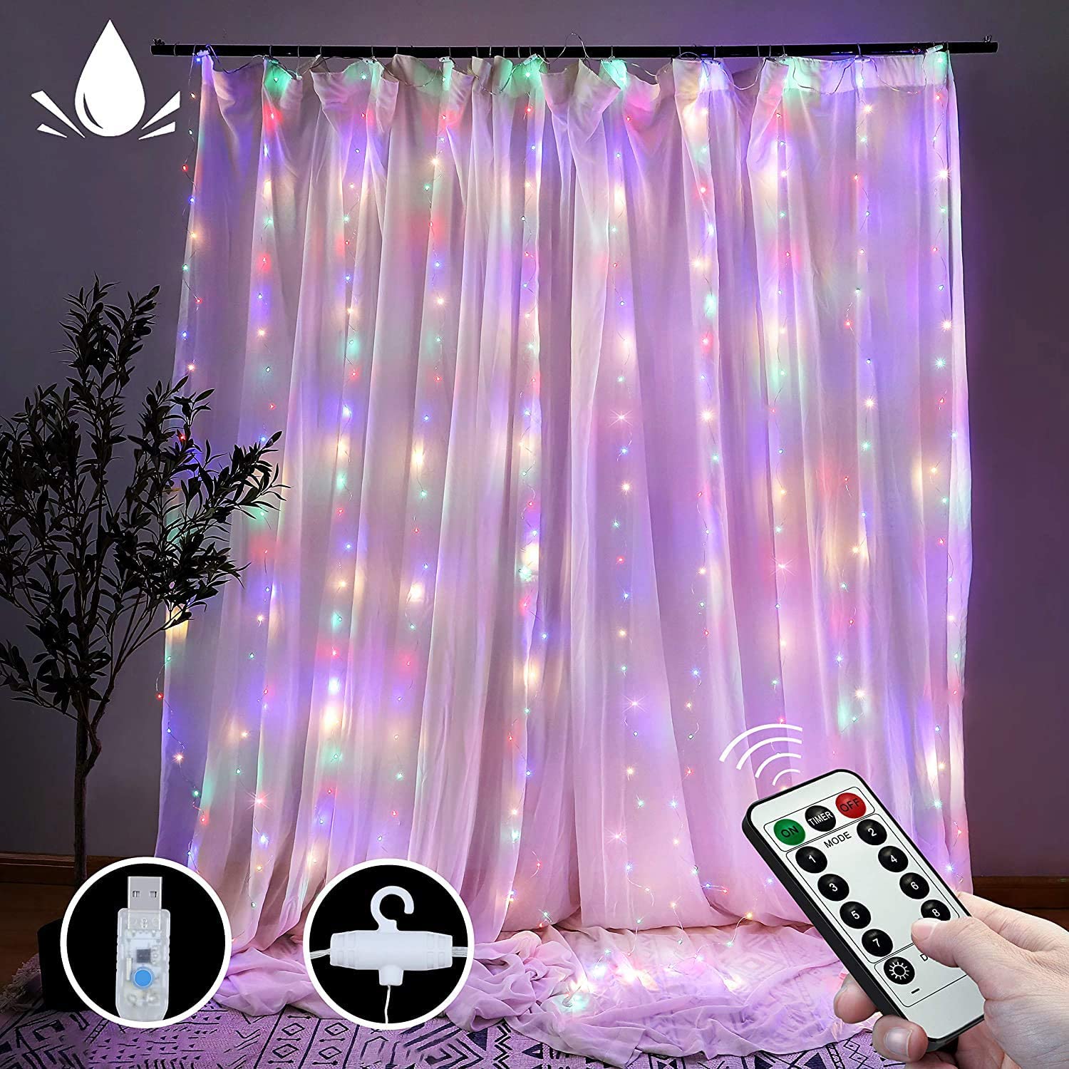 300 LED Curtain Fairy Lights, USB, Remote, 8 Modes, Multicolor