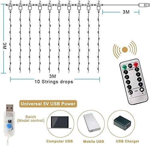 300 LED Curtain Fairy Lights, USB, Remote, 8 Modes, Multicolor