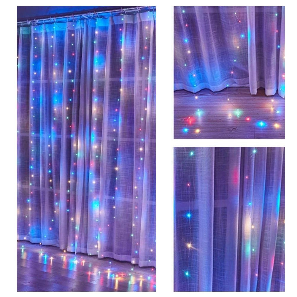 300 LED Curtain Fairy Lights, USB, Remote, 8 Modes, Multicolor