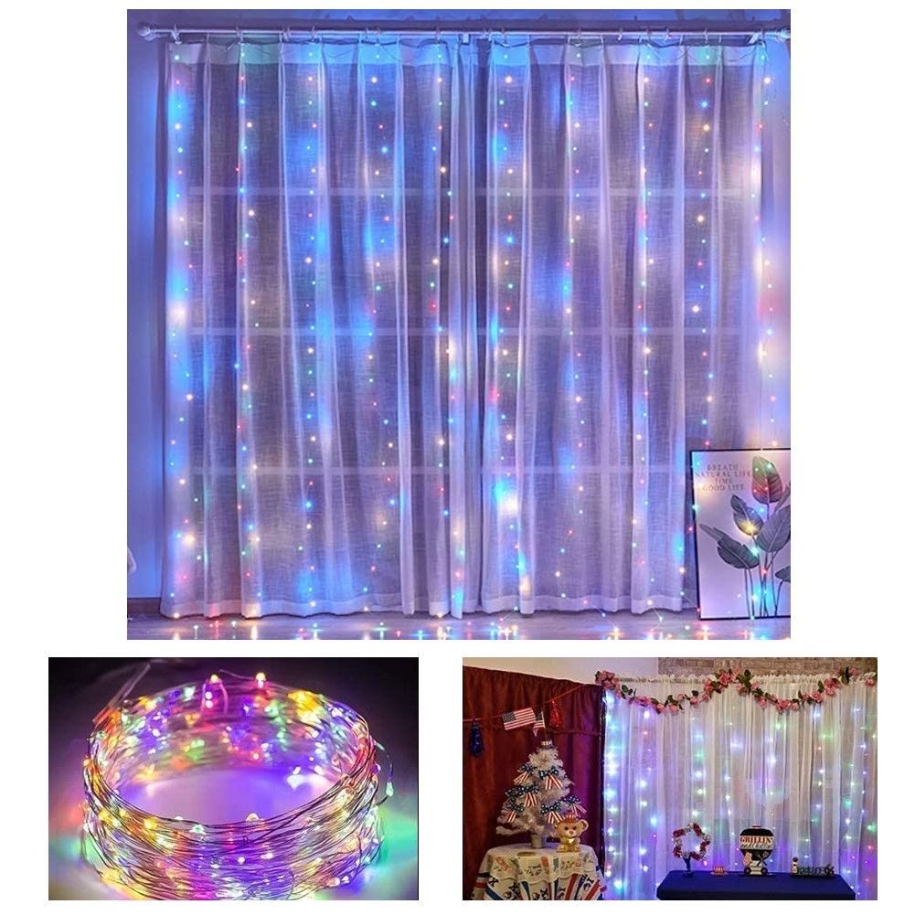 300 LED Curtain Fairy Lights, USB, Remote, 8 Modes, Multicolor