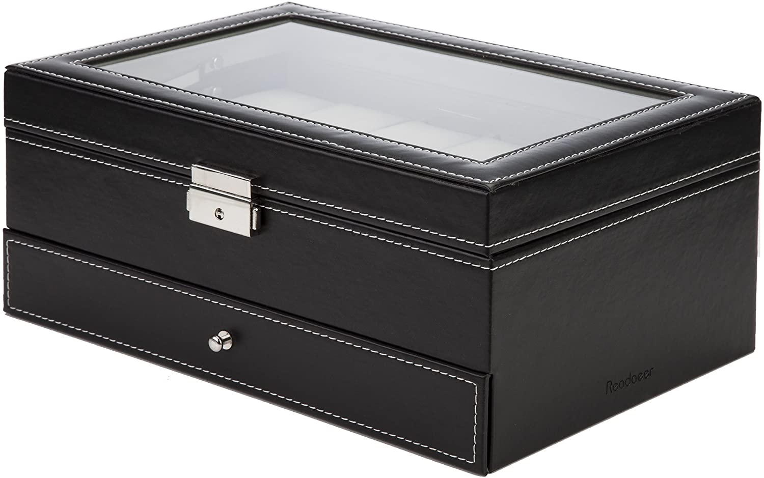 Black Leather Watch Box Jewelry Display Case with Drawers 12 Slots with 2 Layers