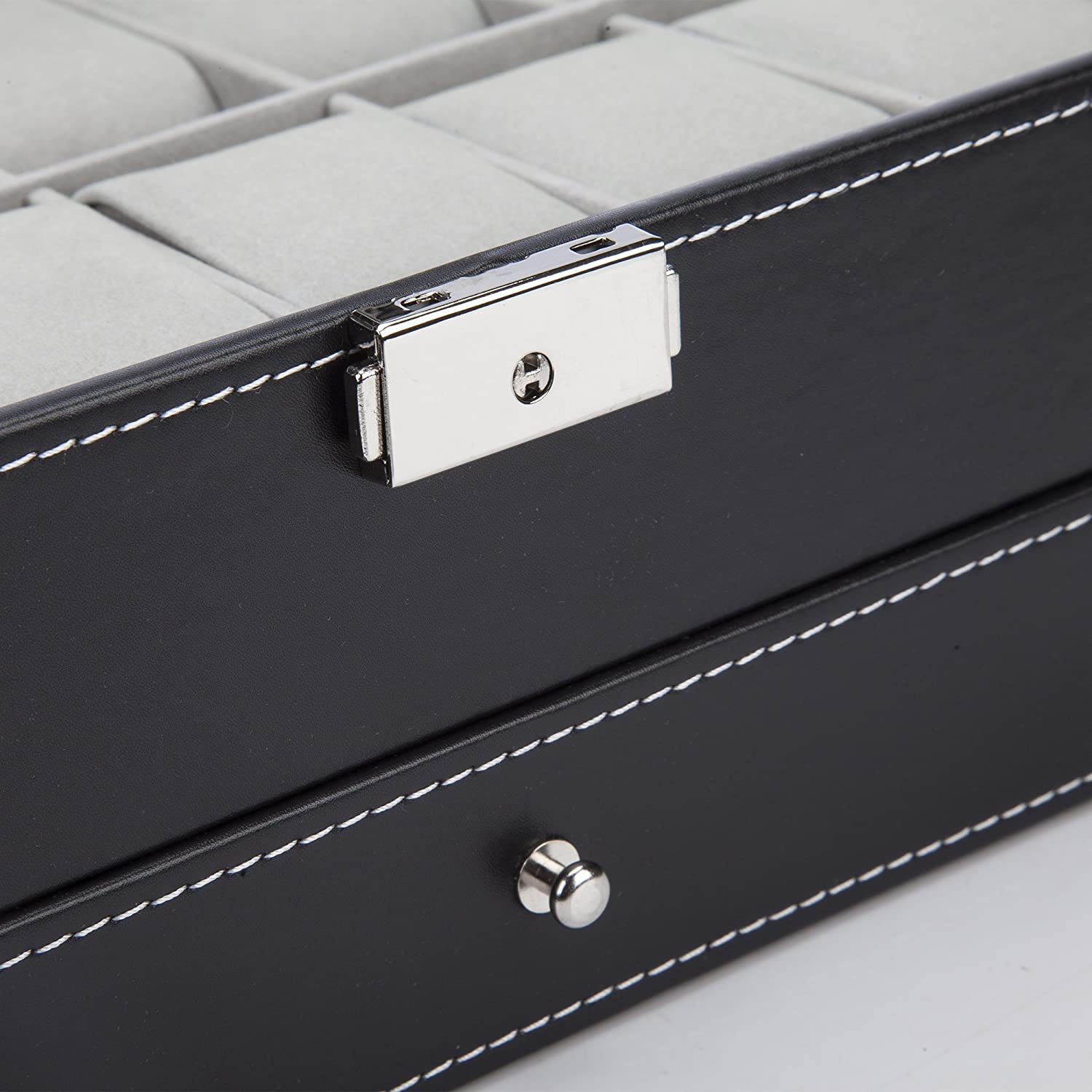 Black Leather Watch Box Jewelry Display Case with Drawers 12 Slots with 2 Layers