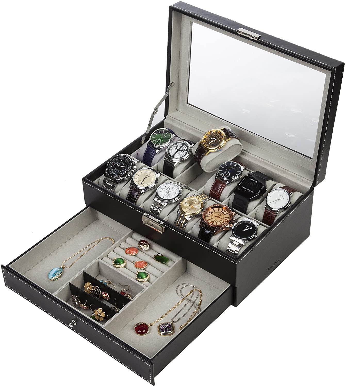 Black Leather Watch Box Jewelry Display Case with Drawers 12 Slots with 2 Layers